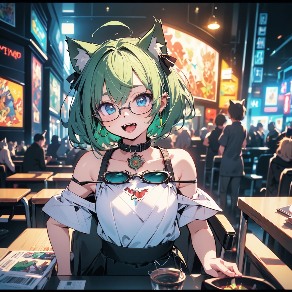 (8k, RAW Photo, Top Quality, Refined Details, Masterpiece: 1.2), (High Resolution 8k Wallpaper), Sharp Focus, Professional Lighting, Depth of Field, Cinematic Lighting, Background Blur, (1 Girl: 1.2), (Small breasts: 1.4), (Green hair), (Cold shoulder top), (Midi skirt), Animal ears, Short hair, Earrings, Cat ears, Blue eyes, (Thick frame: 1.5), ( Comic illustration: 1.5), the background is a movie theater