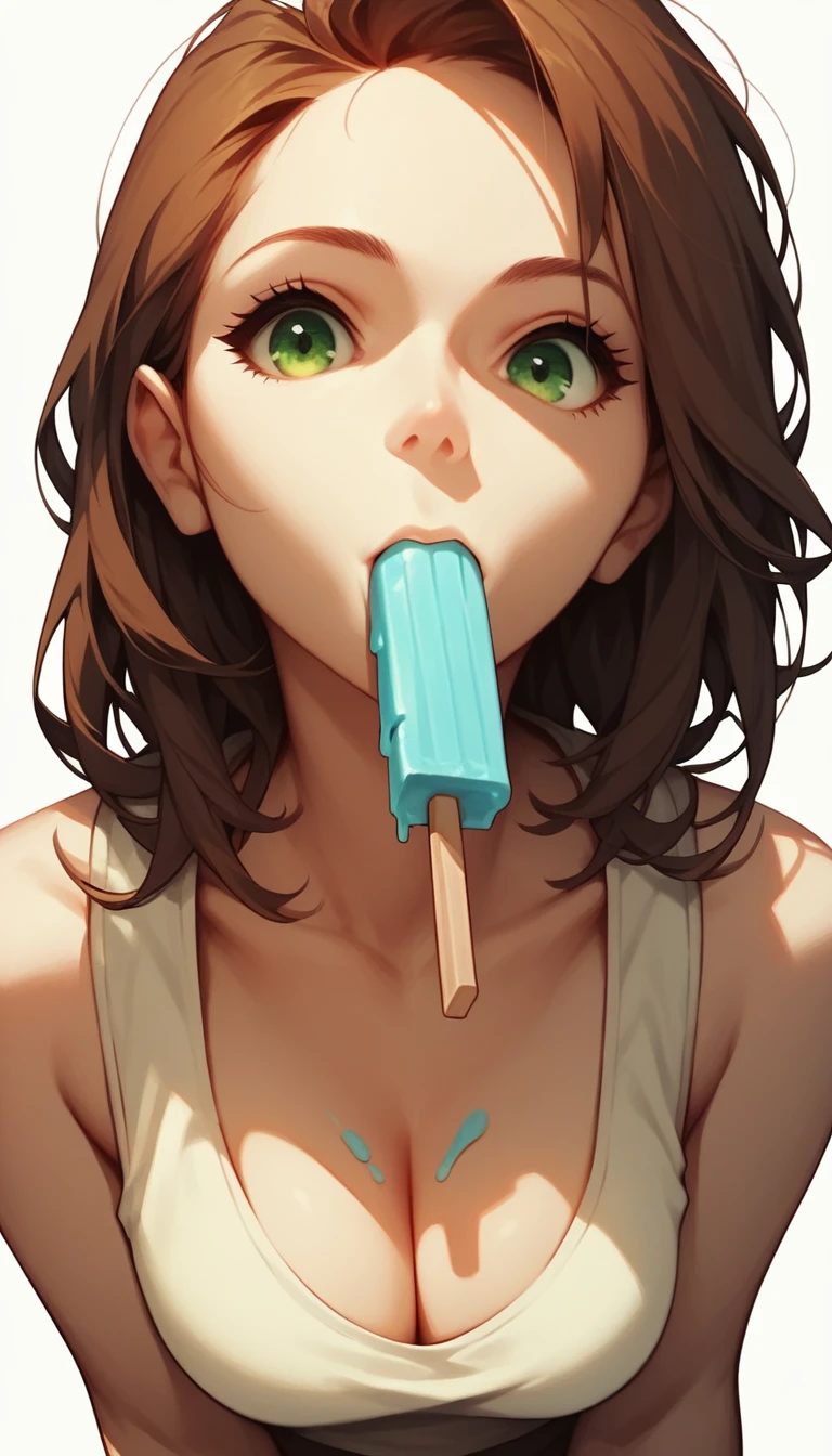 score_9, score_8_up, score_7_up, score_6_up, score_5_up, score_4_up, Alluring cute girl, brown hair, olive green eyes, sleeveless, cleavage, mouth hold, popsicle, food in mouth, white background, closeup, concept art