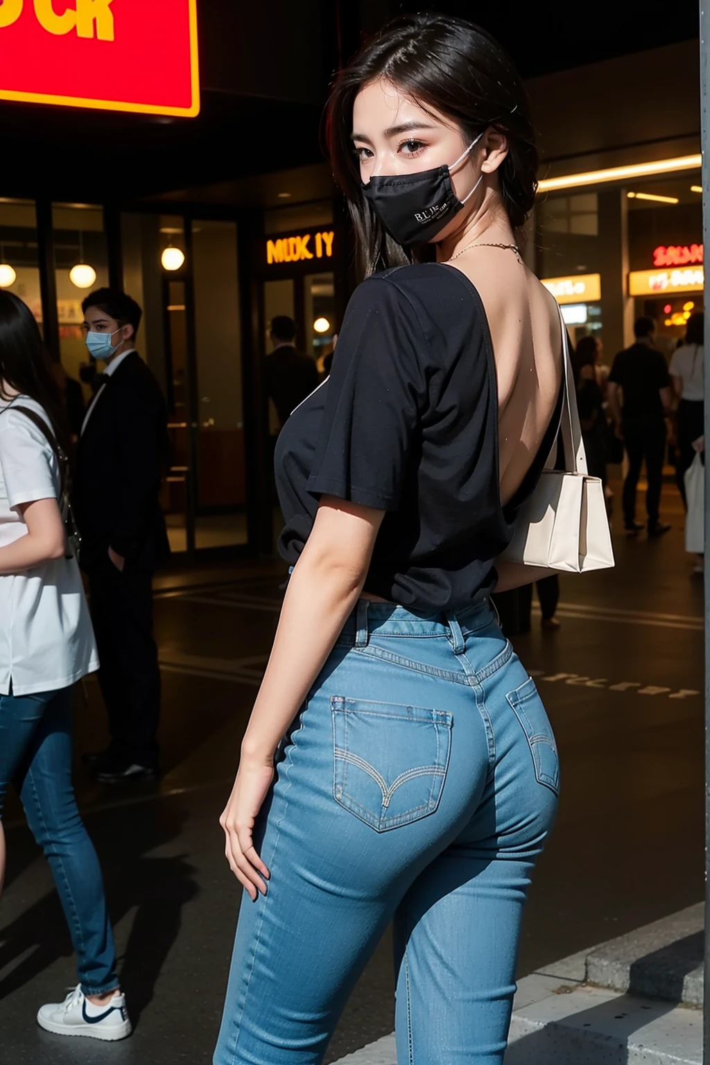Wear skinny jeans,The shirt,Plump buttocks,The back is charming,wearing face mask,The full-body photo fades away,Cocktail party at dusk