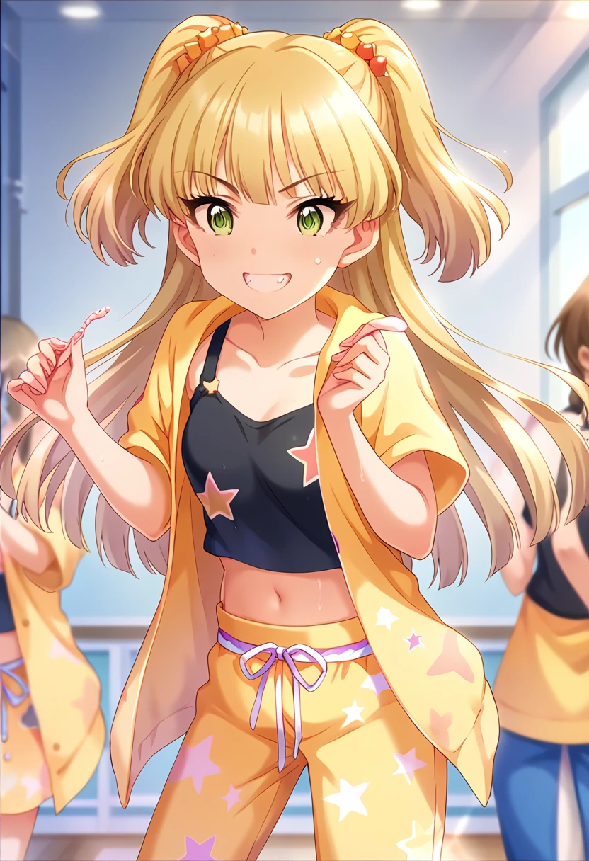 score_9, score_8_wonderful, score_7_wonderful, sauce_anime BREAK pinwonderful of 1girl,Rika Jougasaki , Sensitive，Browsing Caution，indoor，Lesson wear ,Black tank top shirt，Star pattern，Yellow jersey sweatpants，Double teeth , Long Hair, blonde,  Twin tails, bangs, Green Eyes,smile, Small breasts,  dance，Sweat，Belly button，Idol Lesson，Reflection of light，Joyful，Jump High，