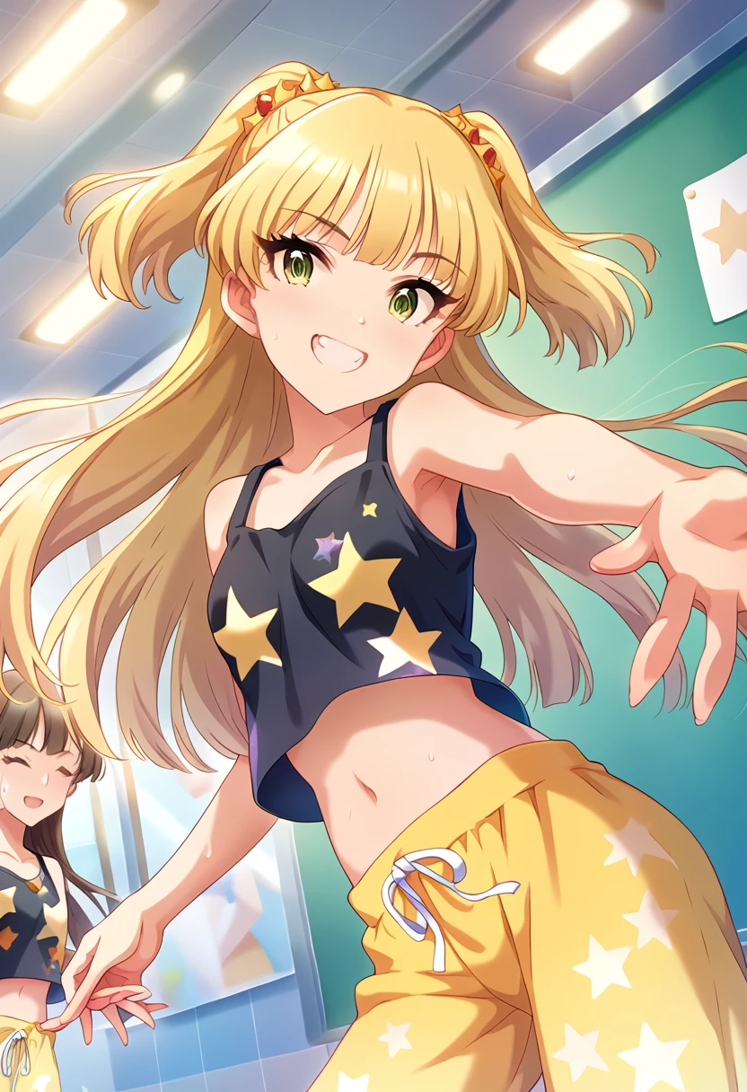 score_9, score_8_wonderful, score_7_wonderful, sauce_anime BREAK pinwonderful of 1girl,Rika Jougasaki , Sensitive，Browsing Caution，indoor，Lesson wear ,Black tank top shirt，Star pattern，Yellow jersey sweatpants，Double teeth , Long Hair, blonde,  Twin tails, bangs, Green Eyes,smile, Small breasts,  dance，Sweat，Belly button，Idol Lesson，Reflection of light，Joyful，Jump High，