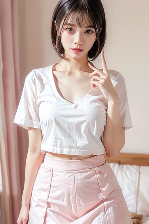 Doctor,Japanese girl,White and beautiful,ground shirt,pink skirt,chest,clear,proportional figure,beautiful,Finger,Slender and beautifu