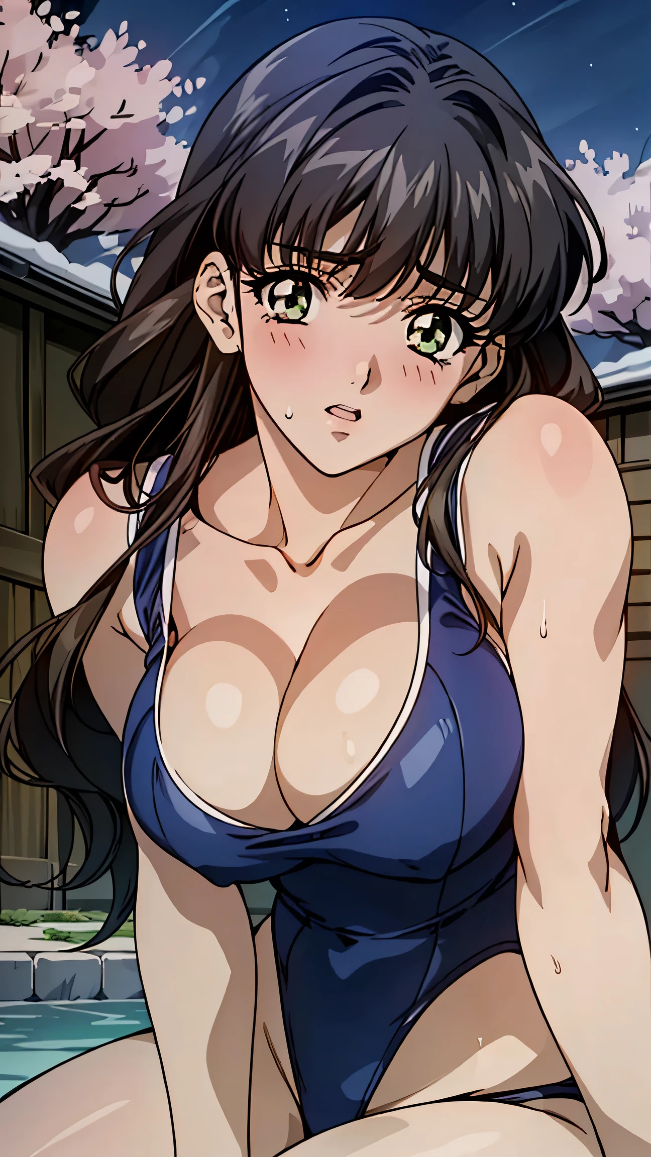 (masterpiece:1.3, Highest quality, Ultra-high resolution, Very detailed), (Realistic:1.1, photoRealistic:1.4), Beautiful illustrations, Perfect lighting, colorful, Written boundary depth, Anime Coloring、(Cleavage)
Beautiful fine hair, Beautiful and exquisite face, Beautiful and beautiful eyes, Beautiful clavicle, Beautiful body, Beautiful breasts, Beautiful thighs, Beautiful feet, Beautiful fingers, 
Looking at the audience, 1 girl, Japanese, high school girl, Perfect Face, (Perfect Anatomy, Anatomically correct), Symmetrical cute face, Baby Face, Sunburn, Glowing Skin, 
(Long Hair:1.5, Straight hair:1.2, Hair Bath), Asymmetrical bangs, Dark green eyes, Long eyelashes, (Mid-chest), thin, 
, ((Sexy high-cut school swimsuit)), ((Big Breasts))((Old townscape of Japan)), (((Expose your shoulders))), ((night)), ((Cherry blossom background)), ((((Cleavage))))