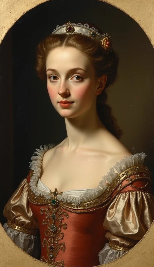 ((Dutch painter of the 17th century、Oil painting by Johannes Vermeer)), ((Highest quality, masterpiece, Full of details)), The young and beautiful Marie Antoinette, ((Oval Face)), look kindly at the camera, Throne, Ultra HD