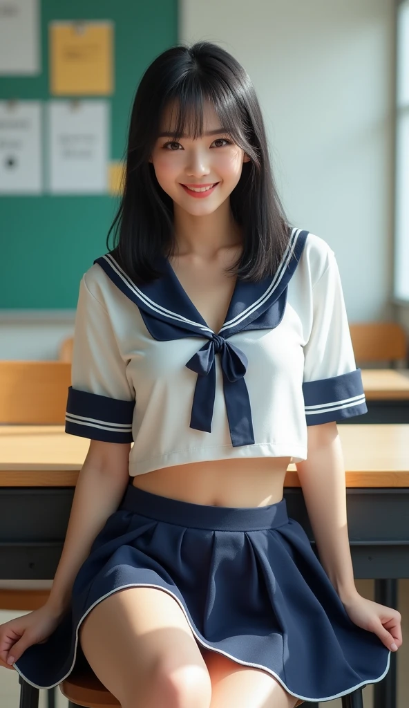 very cute and beautiful girl,(highly detailed beautiful face and eyes), (smile:1.2),blush,embarrassed,looking at viewer,black hair,sailor ,short sleeve,pleated navyblue mini skirt, kneeling on bed sheet,arms behind back,school bag,pouch,antique hotel bedroom,window,distant town view, (best quality,masterpiece),absurdres,highres,ultra-detailed,extremely detailed,32k,8k resolution, intricate details,cinematic scene,detailed background,solo,dynamic angle,