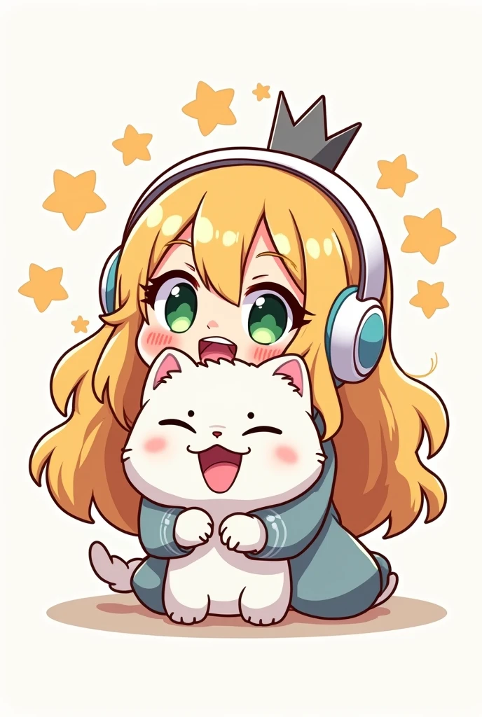 Dessin chibi emote d'une  blonde avec des cheveux long épais et ondulés aux yeux verts avec un casque gaming blanc ou on voit juste le haut de son corps avec une expression trop contente. avec des petite etoile au tour de sa tête qui s'envole avec un chat sur sa droit, il doit etre siberien blanc et gris avec une couronne grise sur sa tête 
les deux doivent saute de joie comme si elles  venaient de gagner au loto et se font un câlin énorme 