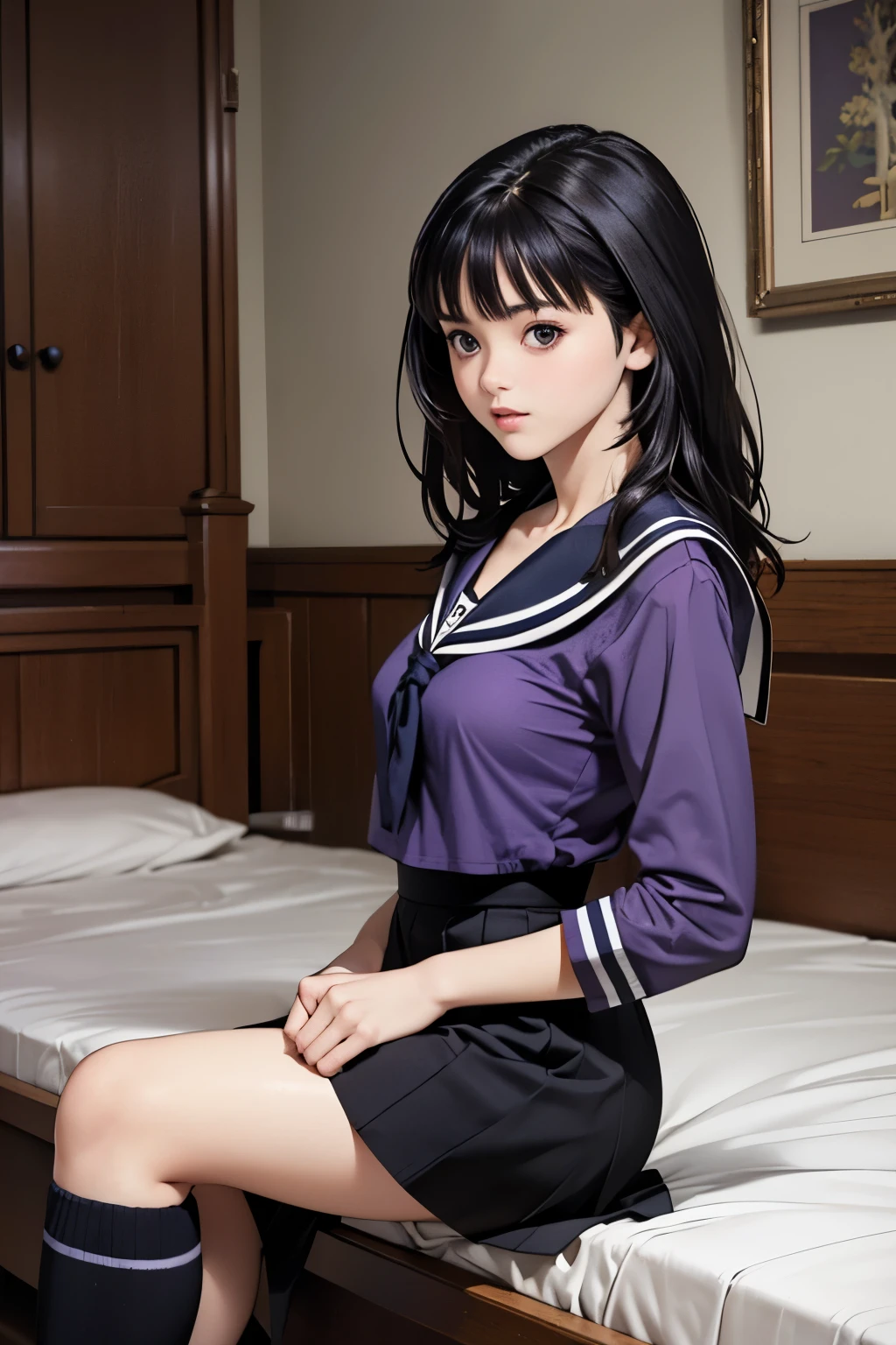 (8k、Highest quality、masterpiece:1.2)、(Realistic、Ultra-detailed、Ultra-high resolution、Beautiful detailed face,Perfect body,(One girl,Long black hair),(school uniform,Sailor suit,[Purple Shirt,Navy Skirt,White Thailand),Put your knees on your chest,Cleavage,From the side,(Bedroom,underwear)