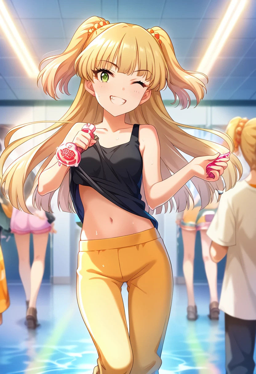 score_9, score_8_wonderful, score_7_wonderful, sauce_anime BREAK pinwonderful of 1girl,Rika Jougasaki , Sensitive，Browsing Caution，indoor，Wink，Lesson wear ,Black tank top shirt，Yellow jersey pants，Double teeth , Long Hair, blonde,  Twin tails, bangs, Green Eyes,smile, Small breasts,  dance，Sweat，Belly button，Idol Lesson，Reflection of light，Joyful，jump，Lift your legs，Ass，