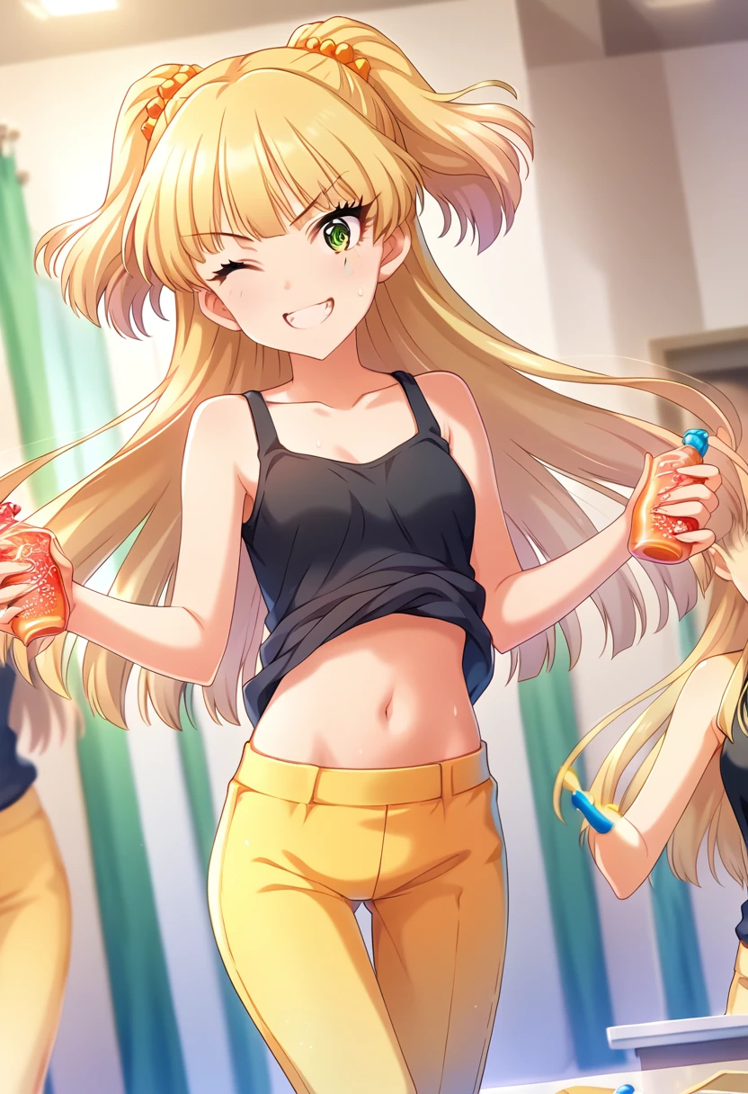 score_9, score_8_wonderful, score_7_wonderful, sauce_anime BREAK pinwonderful of 1girl,Rika Jougasaki , Sensitive，Browsing Caution，indoor，Wink，Lesson wear ,Black tank top shirt，Yellow jersey pants，Double teeth , Long Hair, blonde,  Twin tails, bangs, Green Eyes,smile, Small breasts,  dance，Sweat，Belly button，Idol Lesson，Reflection of light，Joyful，jump，Lift your legs，Ass，