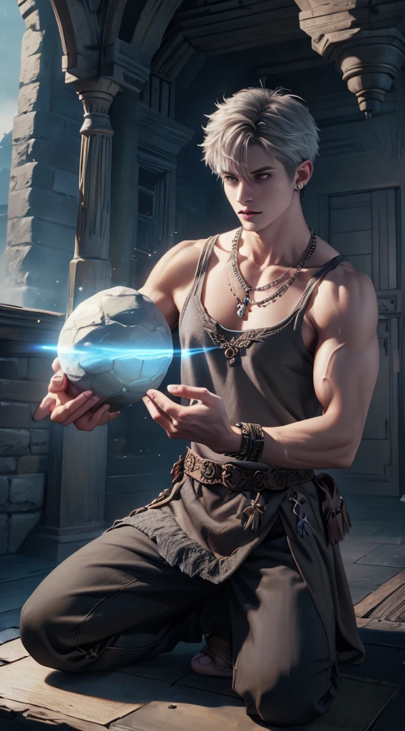 Game character, sorcery original art character design, 1boy, Solo, Gray-haired, full body, esbian, hair adornments, short hair, jewelry, Bare shoulders, , sorcery clothing, [:(fantasy background:1.5):40], large muscle, Brawny, Lift the boulder