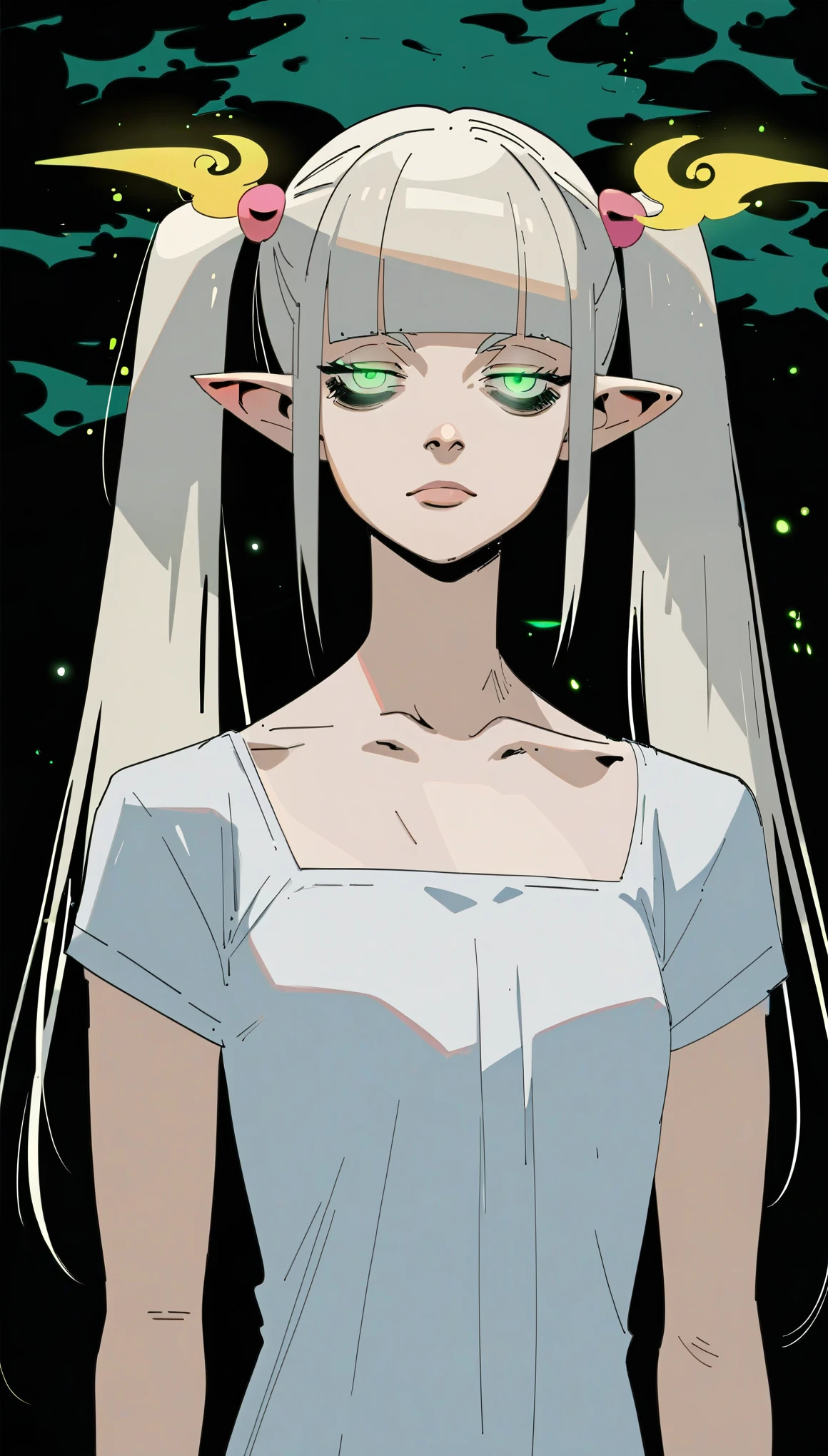 source_anime, score_9, score_8_up, score_7_up, score_6_up, hds style, cel shading, linear hatching, dark theme, (dark background:0.8), low light, looking at viewer, upper body, 1girl, solo, adult, tall female, white hair, long hair, long bangs, twintails, green eyes, blunt bangs, full bangs, straight hair, small breasts, half-closed eyes, bags under eyes, (expressionless:0.8), white sundress, pale skin, pointy ears, collarbone, forest, grass, night, glowing eyes