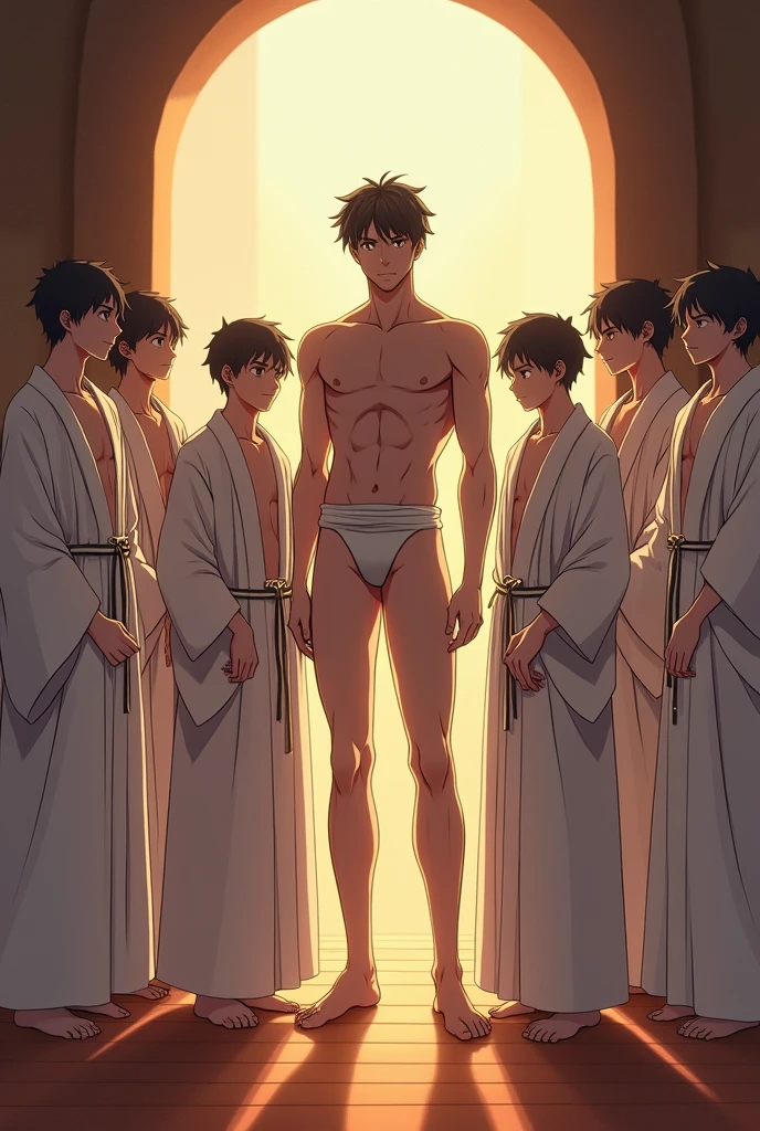 A naked young Japanese man surrounded by a group of people