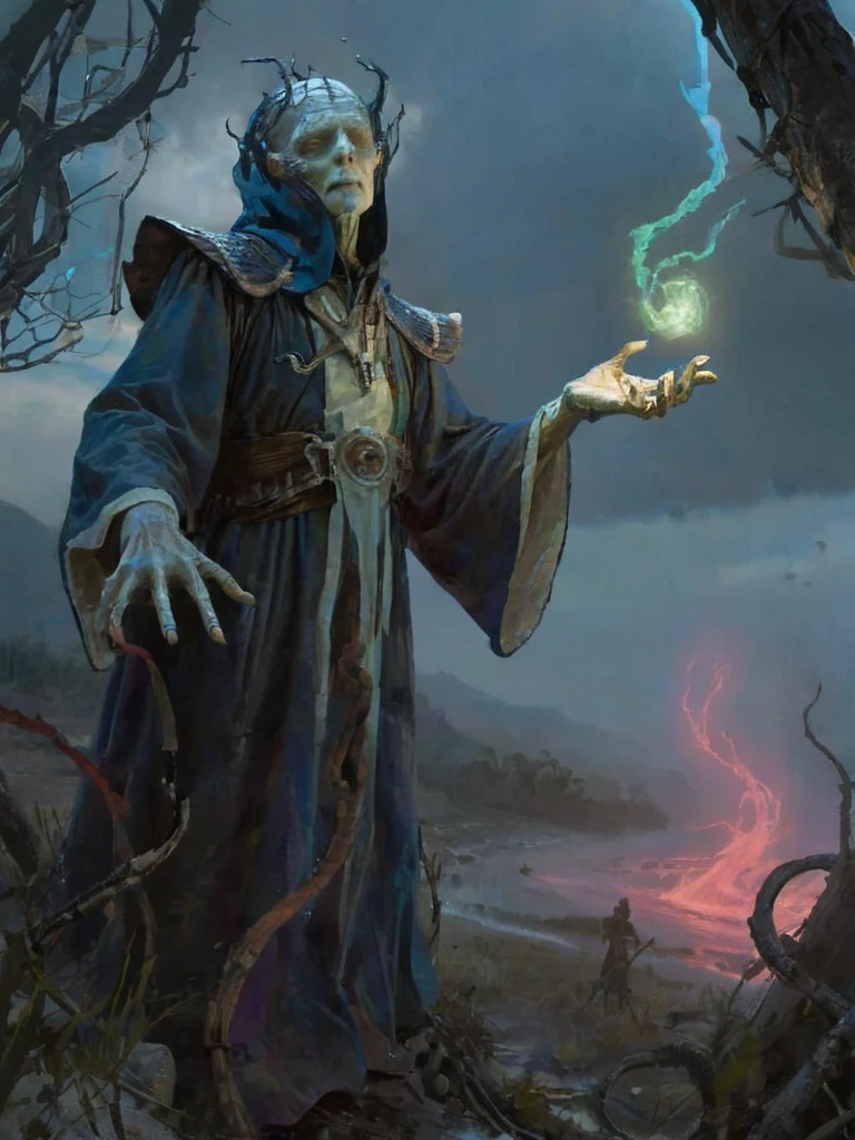 
"A dark, twisted hillside under an ominous, storm-filled sky. At a low-angle, ground-level perspective, we see a menacing wizard, clad in biomechanical robes that fuse organic and mechanical elements, reminiscent of H.R. Giger's work. His skeletal face peers out from beneath a hood made of sinewy, mechanical tendrils. His outstretched arm grips a grotesque, glowing staff, which pulses with bio-luminescent veins. The spell radiates outwards in an eerie swirl of glowing, alien energy, casting faint green, purple, and blue hues over the grim landscape. Behind him, gnarled, biomechanical trees twist unnaturally, and the earth itself seems to writhe and breathe, filled with exposed, mechanical sinews. The camera is positioned low and tilted, capturing the wizard from below as if the viewer is being pulled into the surreal nightmare of his spell."
magical creature, curved trees, heavy fire on the background, fire vortex, water vortex, reflections, wind vortex, stone vortex, damage paper, drowning, red fog, blue fog, green fog, white fog, 
emergency countermeasures, scorching weather, synthwave, 
fireflies, complex background, intricate details, 
suthin tones, hyperdetailed, Fuji film, 8k