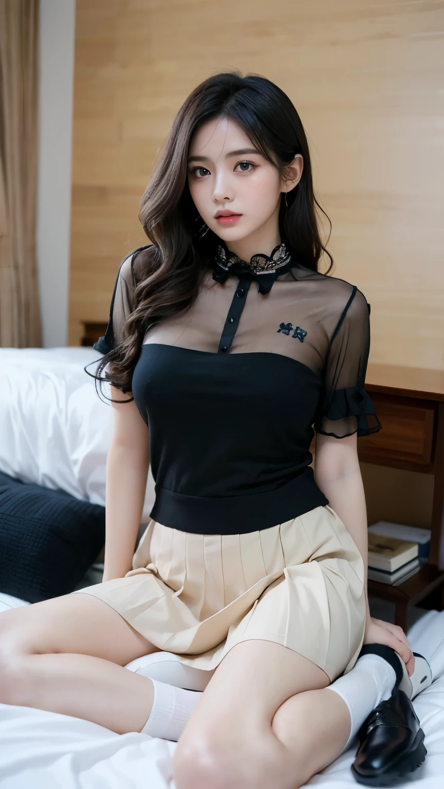 masterpiece, best quality, illustration, very detailed, fine details, high resolution, 8k,wallpaper, Perfect dynamic composition,(High quality details, Realistic depiction of the eyes:1.3), Short hair, (wavy hair:1.2),  (Lie down, see through:1.2), blouse、pleated skirt, pleated skirt, Layered Cut, black hair color, Big natural color lip, hotel room, Crying a little、Harajuku style、20 year old girl、cute type、lolita, Idol sculpture, full body photo、Pussy focus, huge breasts