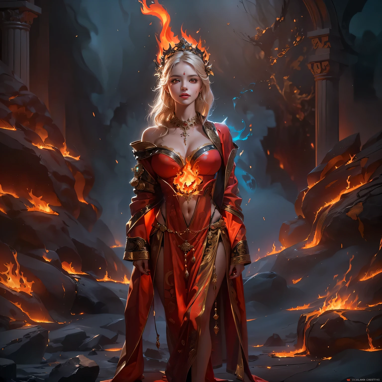 ((Best quality)), ((masterpiece)), (detailed: 1.4), 3D, an image of a beautiful woman, 8k, dressed in fire, looking at the viewer, menacing feature