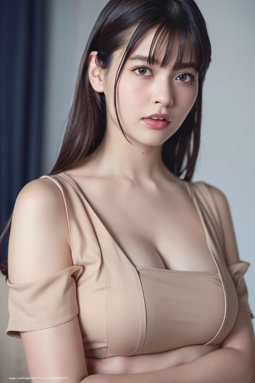 One girl,Off-the-shoulder dress,(RAW Photos, Highest quality), (Realistic, photo-Realistic:1.4), masterpiece, Very delicate and beautiful, Very detailed, 2k wallpaper, wonderful, In detail, Very detailed CG unity 8k wallpaper, Very detailed, High resolution, Soft Light, Beautiful detailed girl, Very detailed eyes and face, Beautifully detailed nose, Beautiful attention to detail,Cinema Lighting,Perfect Anatomy,Slender body,Large Breasts,Red High Heels,Clothes that show cleavage,Emphasize the chest,