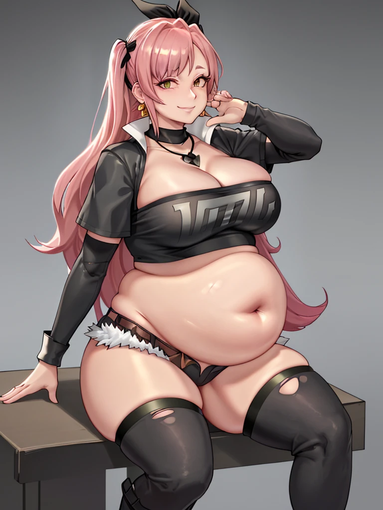 art by kipteitei, nicole demara, pink hair, black footwear, black ribbon, black shorts, black socks, black thighhighs, boots, cleavage, crop top, earrings, jewelry, kneehighs, necklace, o-ring, short shorts, shorts, single kneehigh, single sock, single thighhigh, socks, thigh strap, thighhighs, torn clothes, chubby body, pot belly, intimate, looking to the right, gentle smiling face, in nature, cartoon, hands behind body, no extra details, no extra fingers, 1girl, 25-years-old