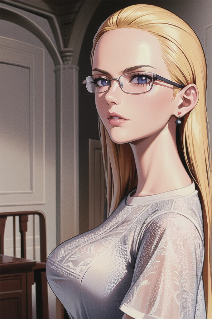 masterpiece, (ultra detailed background, delicate pattern, intricate detail), (highly detailed, fine details), best quality, beautiful lighting, (((medium breasts, slim girl))), (portrait, face shot),  KalifaV2, 1girl, solo, blonde hair, long hair, (white T-shirt, simple T-shirt, glasses, jeans), blue eyes, jewelry, earrings, complex detailed background, inside, room environment, gray castle walls, brick walls, old building interior, spaceful room,  