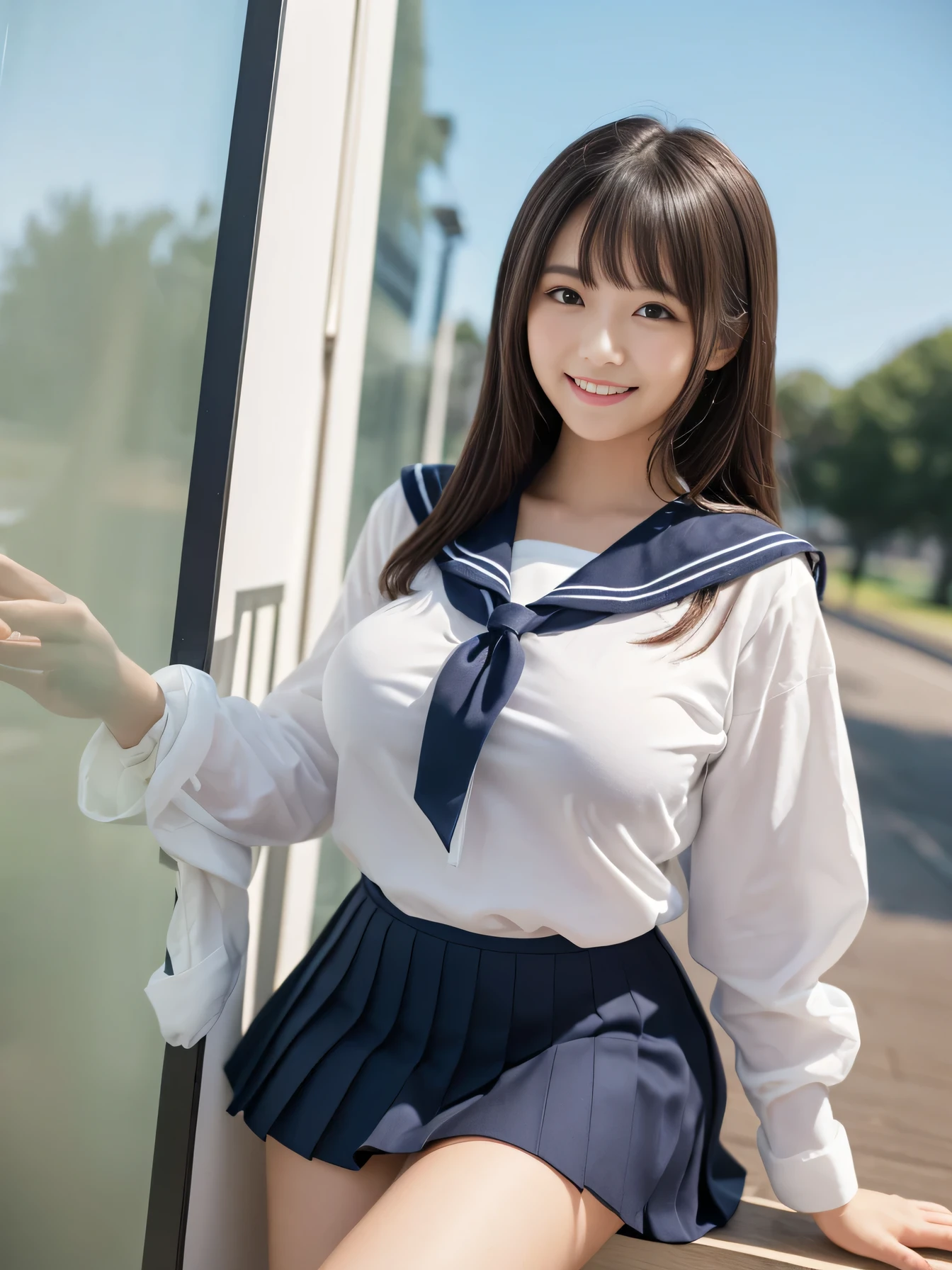((In a dimly lit elevator))、lewd smile、(Realistic、Realistic:1.37)、(masterpiece)、(Highest quality:1.4)、(Ultra-high resolution:1.2)、(RAW Photos:1.2)、(Sharp focus:1.3)、(stand:1.2)、elegant、(Ezvian Everywhere:1.2)、(A girl in an elaborate sailor suit and pleated skirt:1.3)、Japanese 、(32-year-old cosplays as a high school girl:1.1)、(smile:1.3)、(Makes hair shine:1.3)、 Brown haired、Long Hair、 Short pleated skirt、
(Big Breasts:1.2),、Beautiful and delicate eyes、 View your audience、(Photographer secretly taking pictures of underwear under a skirt、A woman smiles as she notices this)