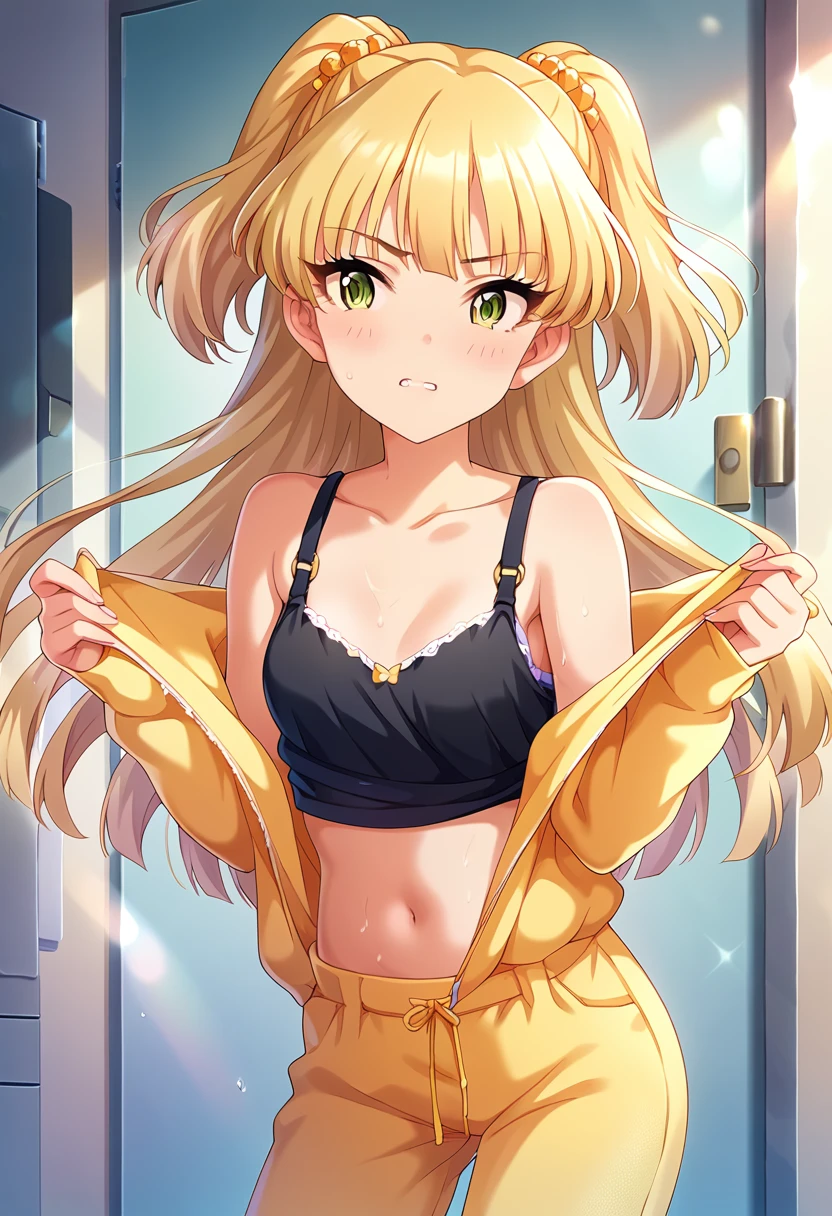 score_9, score_8_wonderful, score_7_wonderful, sauce_anime BREAK pinwonderful of 1girl,Rika Jougasaki , Sensitive，Browsing Caution，indoor，Lesson wear ,Black tank top shirt，Yellow jersey pants，Pull down your pants，Double teeth , Long Hair, blonde,  Twin tails, bangs, Green Eyes,blush， Small breasts,  Sweat，Belly button，Idol Lesson，Reflection of light，(Bra flashing，)