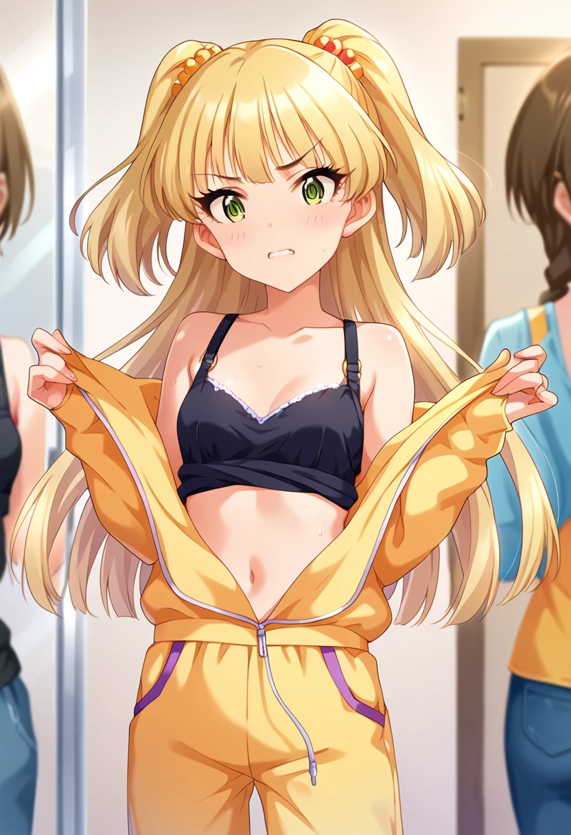 score_9, score_8_wonderful, score_7_wonderful, sauce_anime BREAK pinwonderful of 1girl,Rika Jougasaki , Sensitive，Browsing Caution，indoor，Lesson wear ,Black tank top shirt，Yellow jersey pants，Pull down your pants，Double teeth , Long Hair, blonde,  Twin tails, bangs, Green Eyes,blush， Small breasts,  Sweat，Belly button，Idol Lesson，Reflection of light，(Bra flashing，)