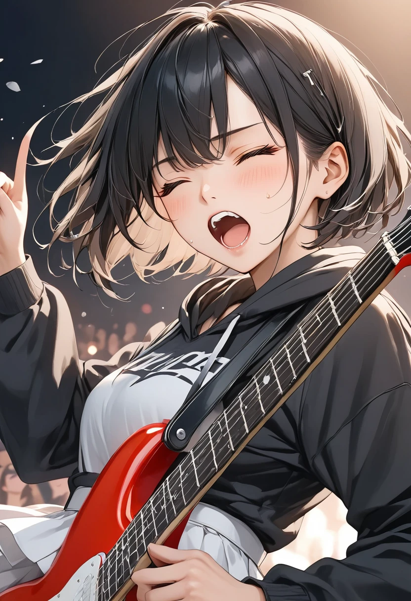 anime、((Amazingly absurd)),(masterpiece:1.2),超High resolution, Attention to detail, high quality, High resolution, 最high quality, 4K, 8k、Pulling the guitar、Electric guitar、Black hoodie、White Skirt、Black Hair、short hair、On stage、Grit your teeth、Painful expression、Sweat、Close your eyes、Open your mouth wide、shout、Angle from a diagonal