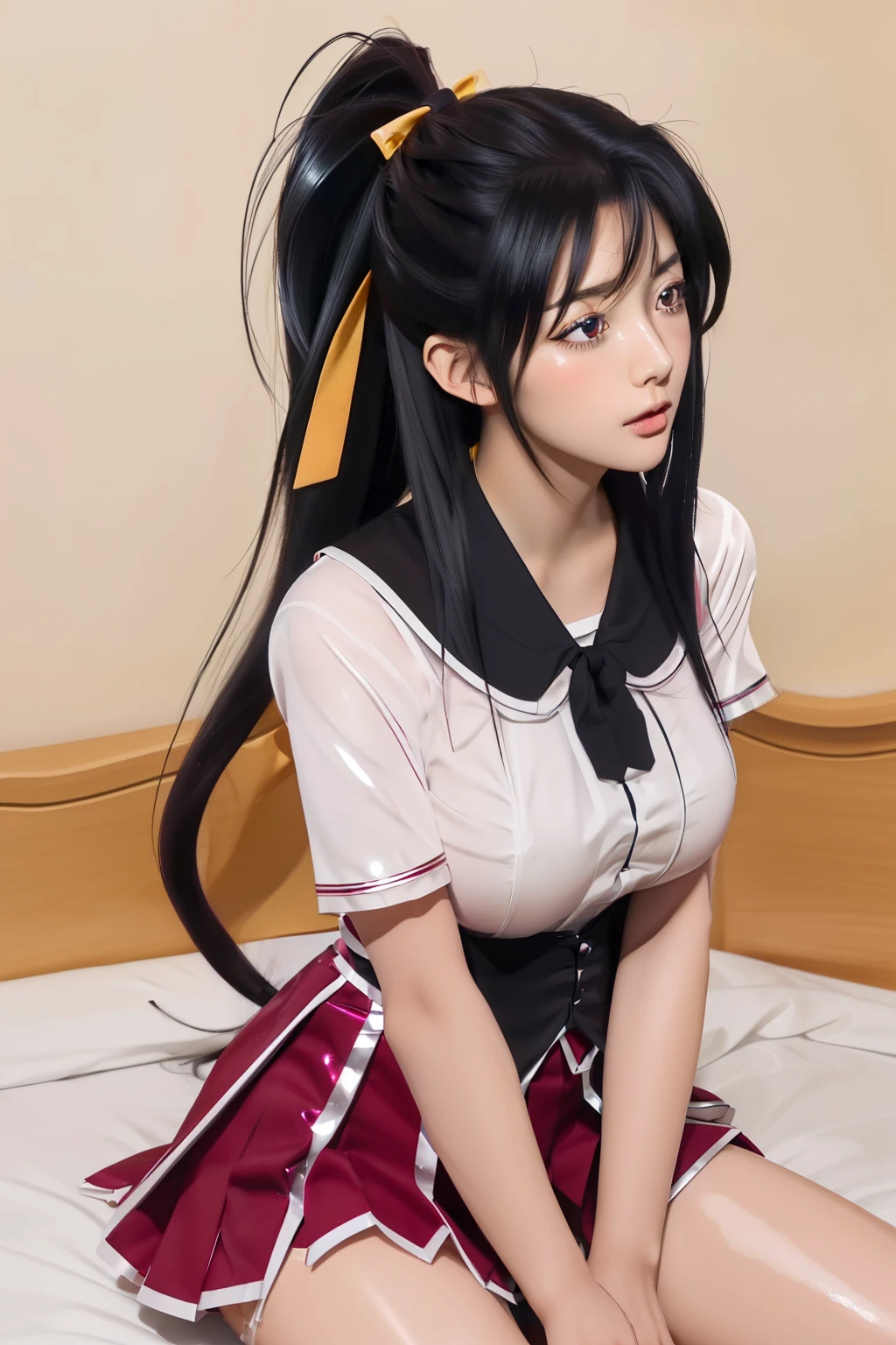 Akeno Himejima, High School D×D, (close-up:1.2), (crotch focus:1., (from below:1.3), spread legs, (on bed, on back), Black_cape,Black neckwear,white shirt,short_sleeves, sailor_collar,Red pleated skirt,school uniform, (huge breasts), white lace panties, (gleaming skin:1.3), blush, embarrassed, black hair, pink eyes, Very Long Hair,hair_between_eyes,ponytail,Yellow_hair_ribbon,1 girl, 20yo,Young female, best quality, masterpiece, ultra detailed, absurdres, absolutely resolution