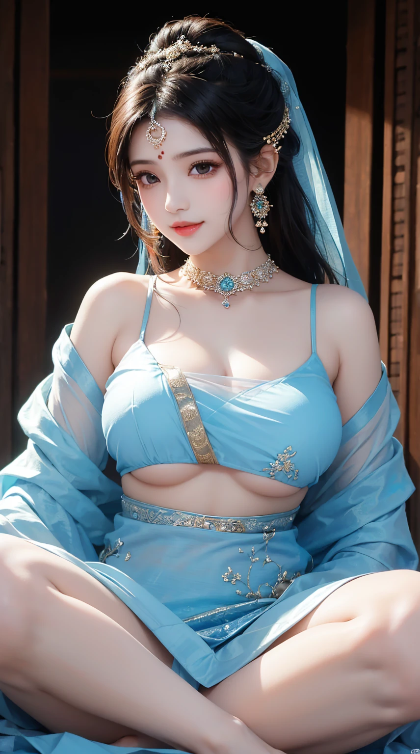 1girl, cute face,pretty face, jaw dropping beauty, cute smile, indian girl, ((indian mythology dress)),((indian mythology girl)), cute indian girl, bindi, ((beautiful bindi)), ((beautiful shiny accessories)), accessories, pony tail,((sanskari dress)), ((pure kapde)),full saree,((full light blue saree)),((full blouse)), ((ultra high detailed 1.9)),((ultra high resolution 1.9)),((ultra high quality 1.9)),(masterpiece)), (perfect lightings), (very Big breasts 1.9)), ultra huge breast , showing her cute body 