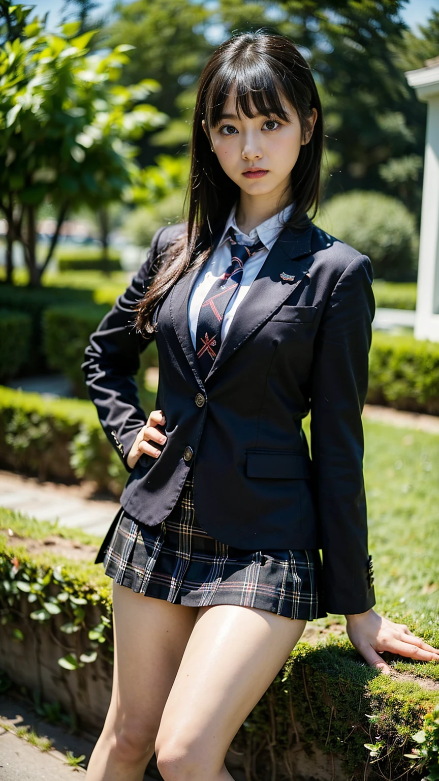 (8k、RAW Photos、Highest quality、masterpiece:1.2)、(Realistic、Realistic)、1 person、((Black blazer、Schoolgirl uniform、shirt、tie、チェックmini skirt、Medium Hair、mini skirt、Thin legs、boots、View from the front、Looking into the camera、garden、Stand with hands on hips))、cute