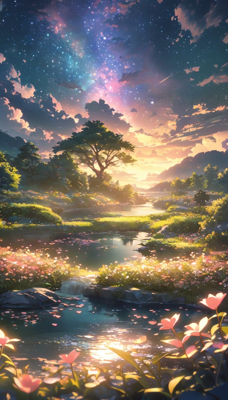 (magical pretty night Sky green stream overlay scene), (Sky), (cloud), soft light, clean background, Beautiful scenery, masterpiece, high quality, Beautiful graphics, high detail, epic scenery, garden, Flowers, cloud, (night starry Sky, the river behind, Huge old tree behind, Glowing pink petals falling behind you)