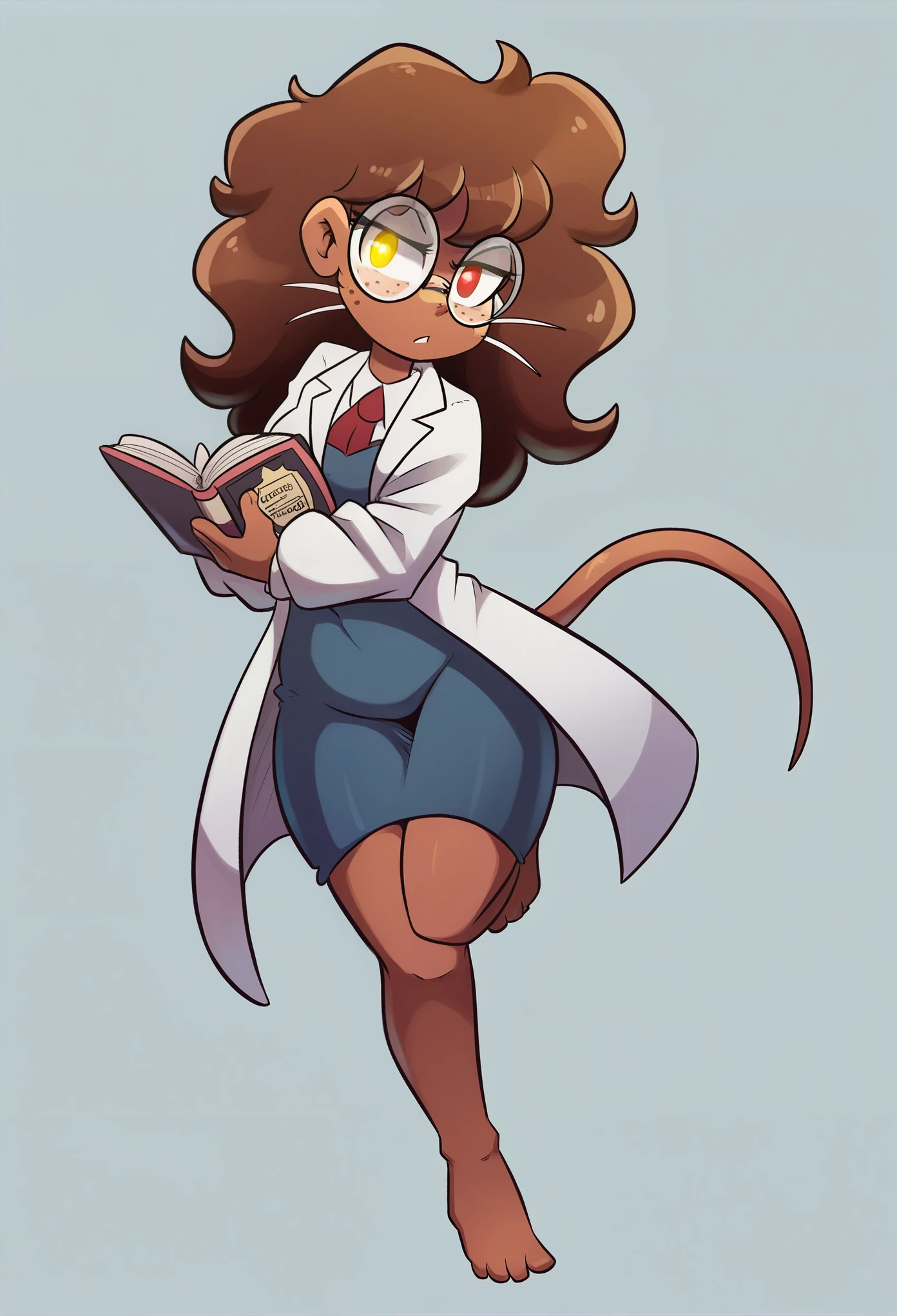 A smart and nerdy, yet cute young woman with dark chocolate brown skin stands confidently while holding a book. She is dressed in a delicate lab coat that drapes over a red undershirt, creating a subtle but vibrant contrast. Her face is framed by soft, slightly wavy hair, and she wears a pair of adorable round glasses, enhancing her intelligent appearance. Her eyes exhibit striking heterochromia, with one eye being a bright amber and the other a deep ocean blue. Adding to her unique charm, she has soft, mouse-like ears peeking through her hair, a slender tail playfully swaying behind her, and subtle whiskers on her cheeks. She exudes a vibe of curiosity and intellect, her posture relaxed but engaged, as if she's always ready to dive into her next scientific discovery. detailed face, extremely detailed eyes, masterpiece, 4k, 8k, high-res, ultra-detailed, physically-based rendering, vivid colors, studio lighting cinematic lighting, dramatic lighting, dramatic composition, dynamic pose, volumetric lighting, Nice ass, B-cups, Cute breasts, shapely figure, Serious expression, glowing eyes, freckles, Full Body