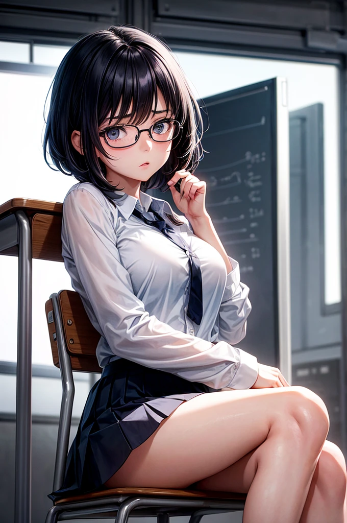 best quality, detailed), 1girl, solo, in classroom, sexy body, squinting, topaz, white shirt, black stockings, short black skirt, (horny face, ahegao face) glasses, Sitting in the desk,ANIME ART,Medium breasts ,Short haired