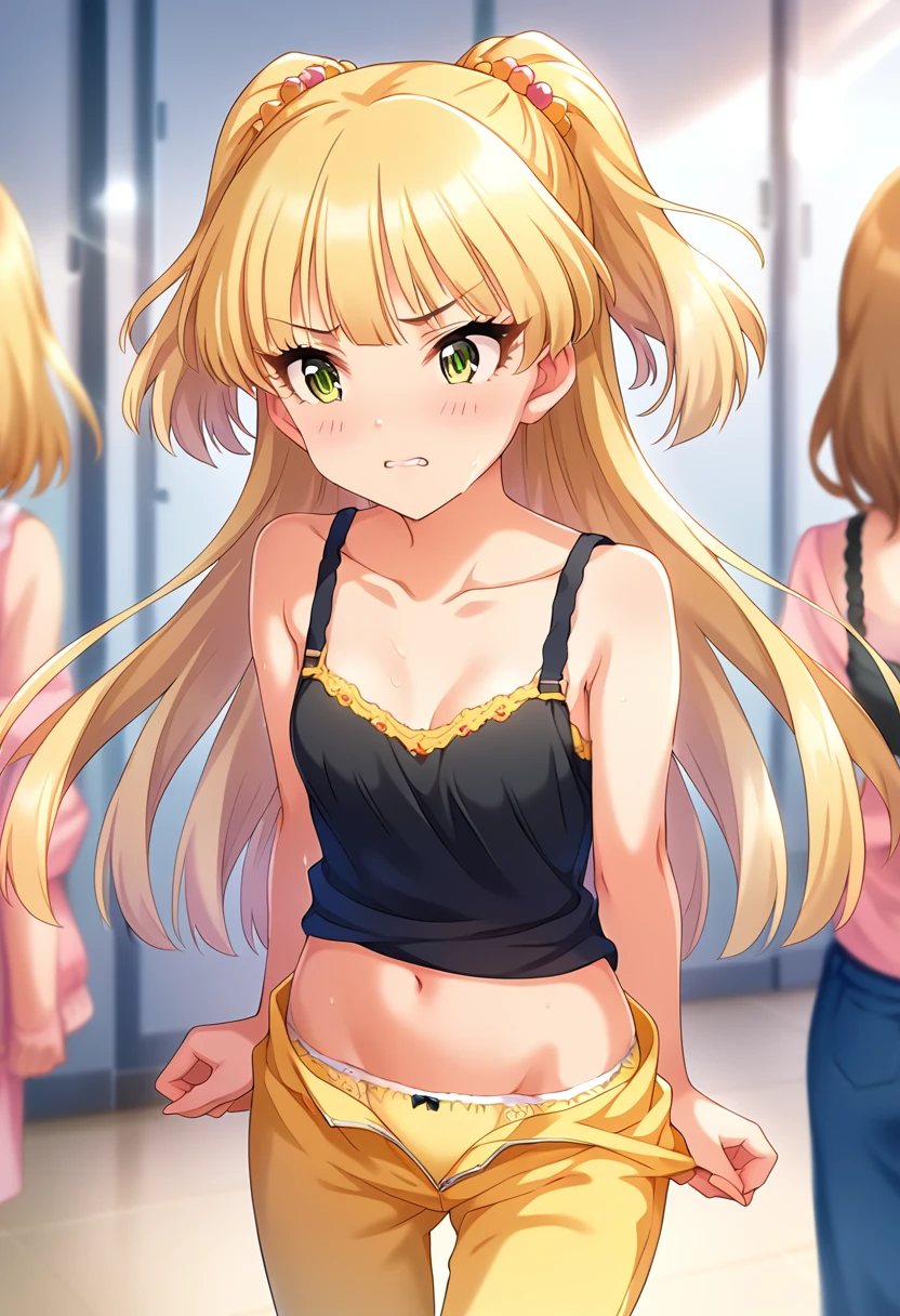 score_9, score_8_wonderful, score_7_wonderful, sauce_anime BREAK pinwonderful of 1girl,Rika Jougasaki ,， Sensitive，Browsing Caution，indoor，Lesson wear ,Black tank top shirt，Yellow jersey pants，Pull down your pants，Double teeth , Long Hair, blonde,  Twin tails, bangs, Green Eyes,blush，Embarrassing，bra， Small breasts,  Sweat，Belly button，Idol Lesson，Reflection of light，Yellow panties，Showing off your crotch，