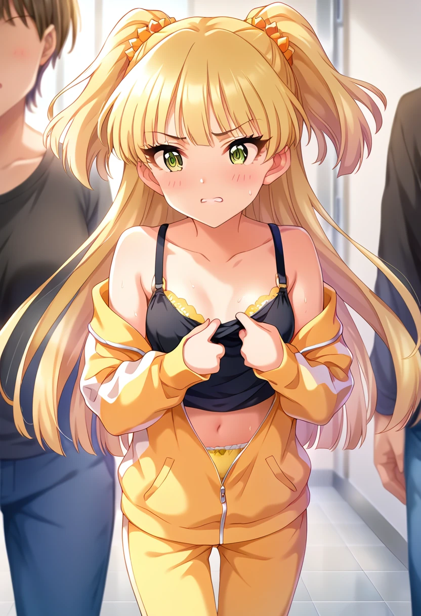 score_9, score_8_wonderful, score_7_wonderful, sauce_anime BREAK pinwonderful of 1girl,Rika Jougasaki ,， Sensitive，Browsing Caution，indoor，Lesson wear ,Black tank top shirt，Yellow jersey pants，Pull down your pants，Double teeth , Long Hair, blonde,  Twin tails, bangs, Green Eyes,blush，Embarrassing，bra， Small breasts,  Sweat，Belly button，Idol Lesson，Reflection of light，Yellow panties，Showing off your crotch，