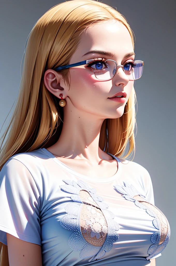 ​masterpiece, (Ultra detailed background, delicate pattern, complicated details), (muito detalhado, fine details), best quality, beautiful lighting, (((medium breasts, slim girl))), (portrait, face shot),  KalifaV2, 1 girl, alone, blond hair, Long hair, (white T-Shirt, simple t-shirt, Glasses, Jeans), blue eyes, jewellery, ear rings, complex detailed background, 