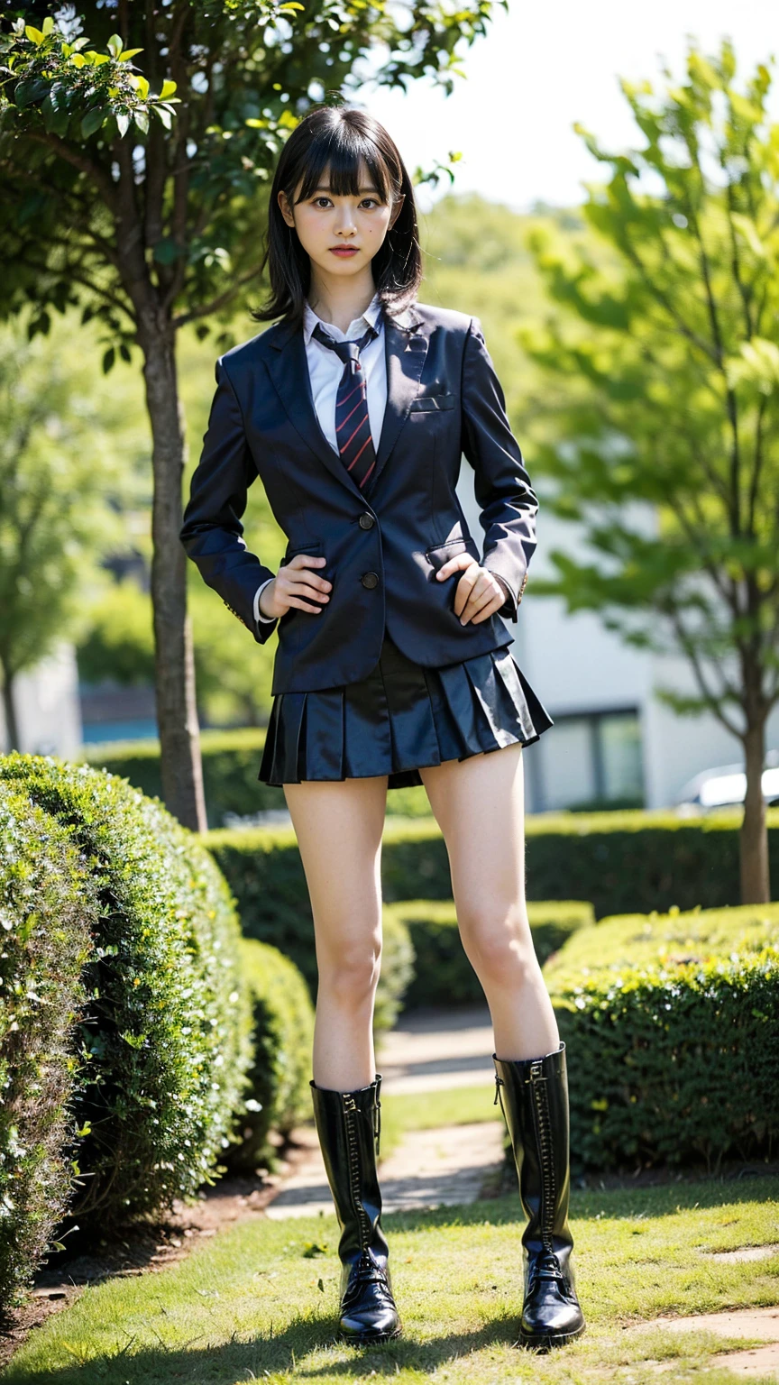 (8k、RAW Photos、Highest quality、masterpiece:1.2)、(Realistic、Realistic)、1 person、((Black blazer、Schoolgirl uniform、shirt、tie、チェックmini skirt、Medium Hair、mini skirt、Thin legs、boots、View from the front、Looking into the camera、garden、Stand with hands on hips))、cute