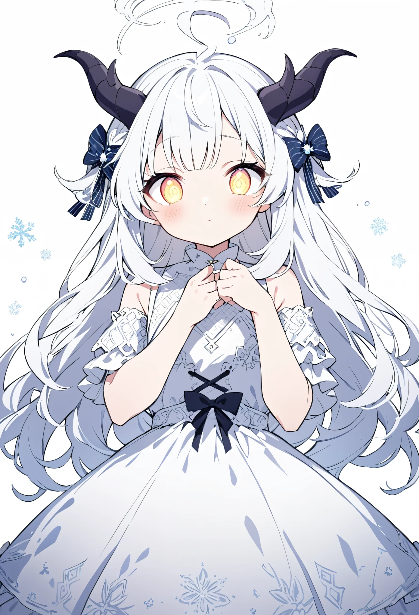 A cute anime-style with long, soft white hair and small horns on her head. Her hair is pure as snow, contrasting with her delicate horns, giving her an innocent yet mysterious look. She has large, shining eyes full of childlike wonder. She wears a charming dress with simple patterns, adding to her innocent and lively aura. Her expression is sweet and slightly shy, making her appear unique and different from ordinary girls due to her horns and natural white hair