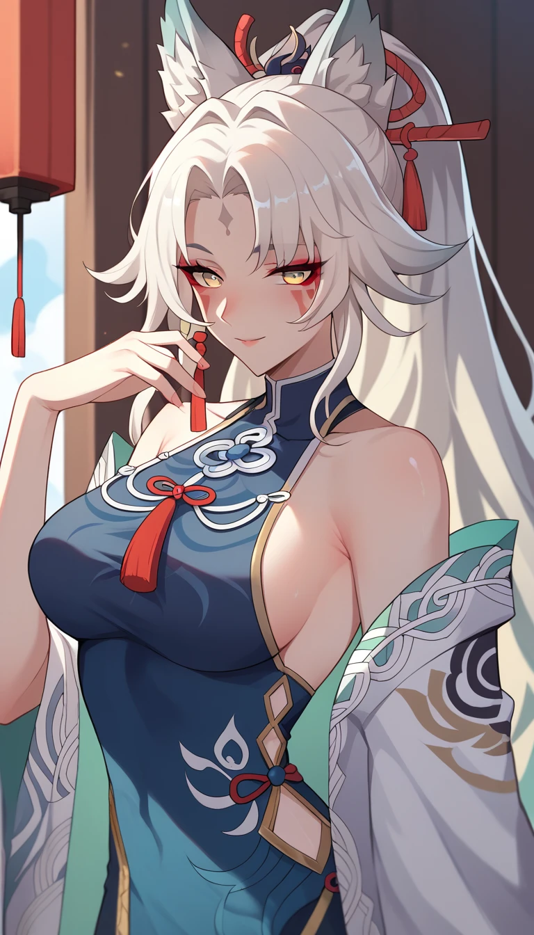 anime girl with long white hair and blue dress posing, white haired deity, by Shitao, seductive anime girl, white haired, perfect white haired girl, white haired lady, white-haired, onmyoji portrait, white - haired fox, onmyoji, anime goddess, 