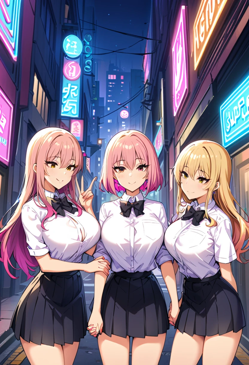 Cyberpunk city, street, night, Neon Light, Neon Signs, masterpiece, Highest quality, High resolution, ＪＫ,Huge boobs,Three Girls,black bow,black bowtie,Blonde,bow,bowtie,chest,A bundle of hair,Holding hands,Hands with crossed fingers,Long Hair,Make eye contact,Multiple Girls,Pink Hair,pleated skirt,shirt tucked in],short hair,skirt,smile,Tuxedo Shirt