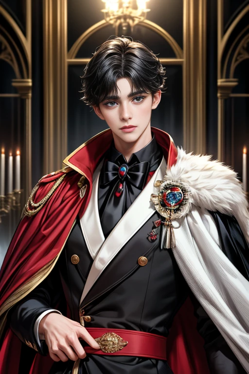 masterpiece, 最high quality, high quality, 1 boy, alone, Male focus, Upper Body,Watching the audience, Messy black hair, Adorable big blue eyes, White, Noble, Noble,A black and red cape that is bursting with sexy volume、Tuxedo、A very voluminous, large, very large, very large, long, long red and black cape with a high stand-up collar, made of a lot of fabric that reaches down to the floor., ,cute beautiful,Cute, cute, kind, handsome guy