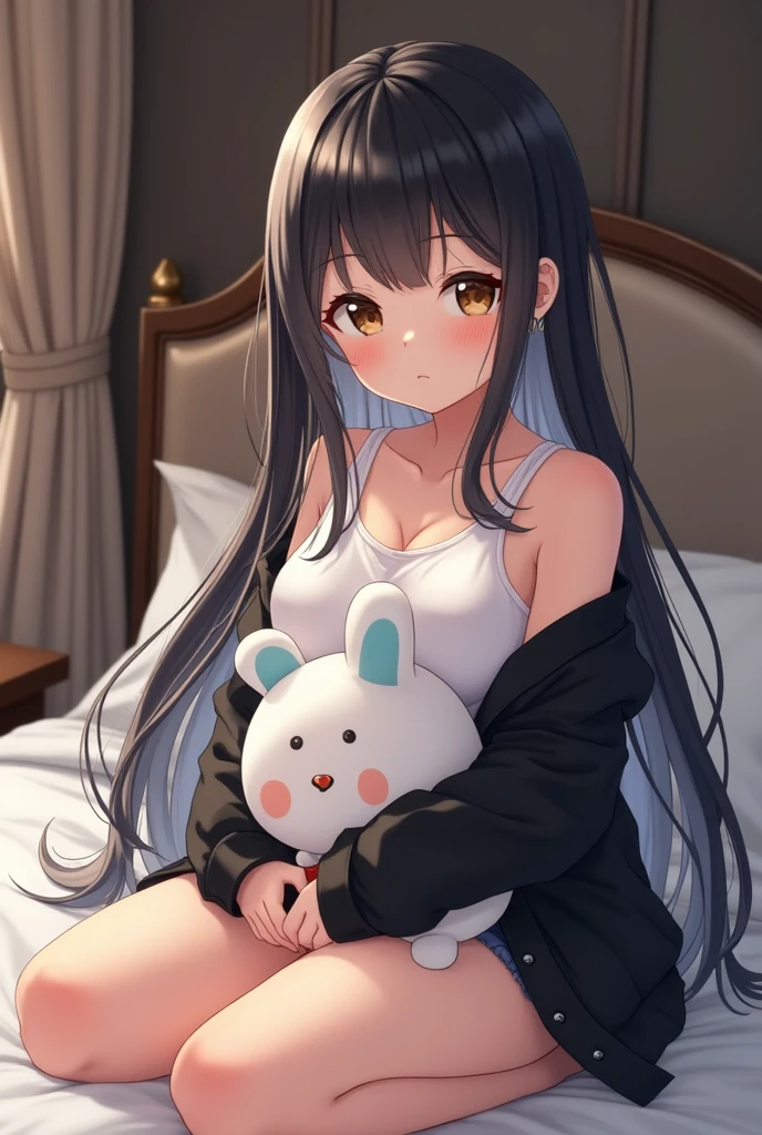 A girl in anime version with little clothing in her bed while hugging a stuffed animal and being a teenage schoolgirl