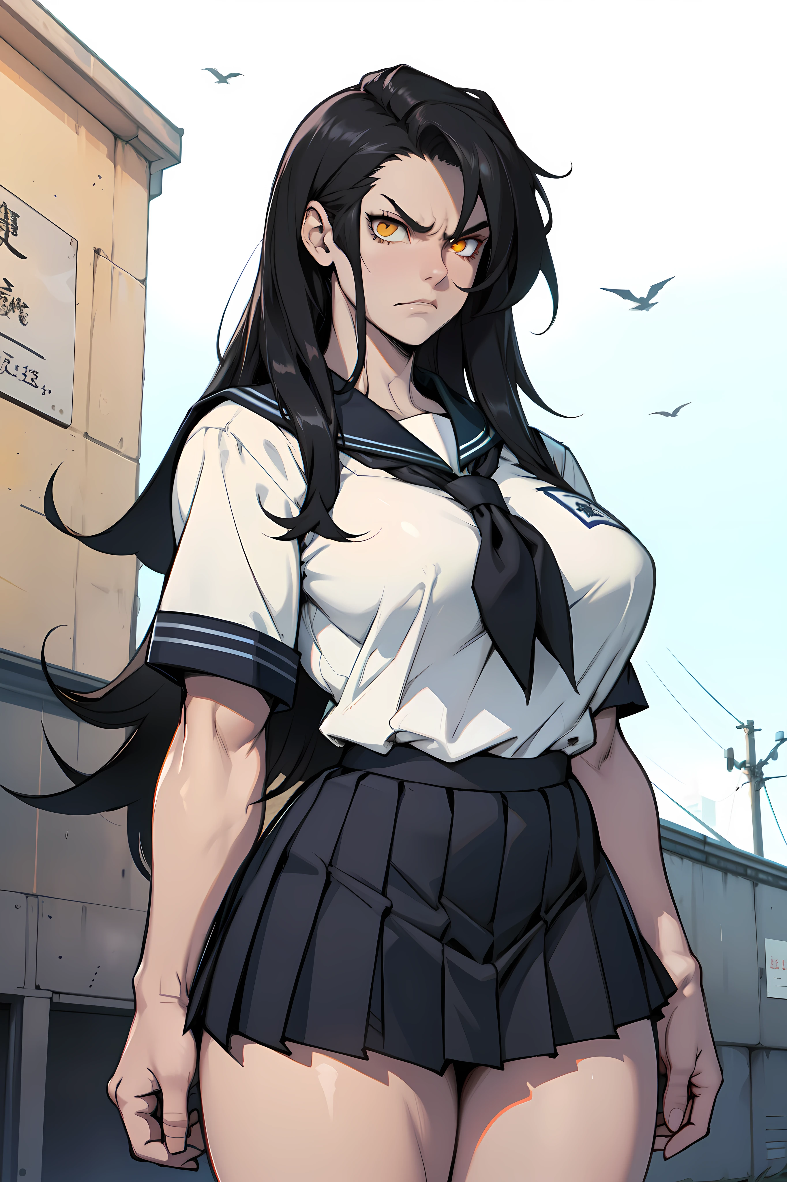 (1girl), black hair, extremely long hair, yellow eyes, ((muscular)), huge breasts, thick thighs, solo, angry, (pale skin), cowboy shot, (school uniform)