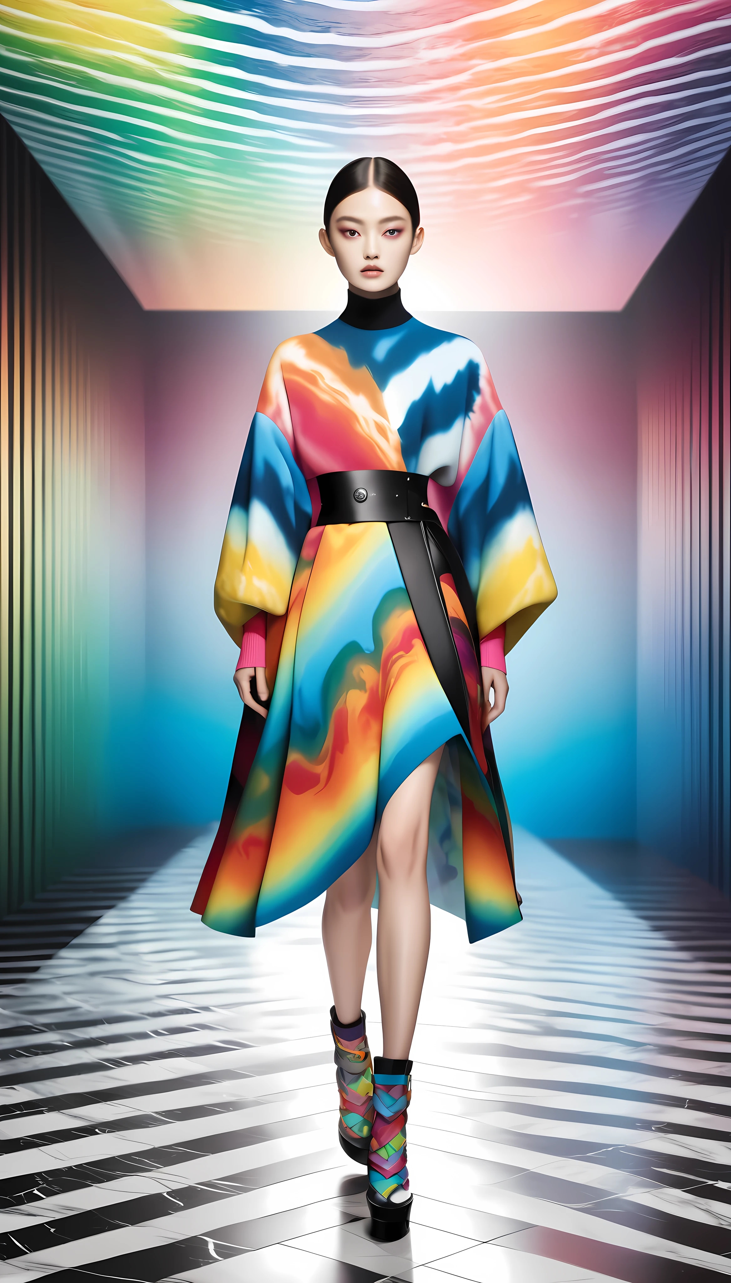 Ultra-realism, Fashion model walking down the catwalk, Colorful gradient fashion, Seamless bleed, A mysterious pattern that combines marble and stripes, Full spec multi-color, Take full advantage of Super Retina color rendition, Dramatic 4D rendering that tickles the senses,