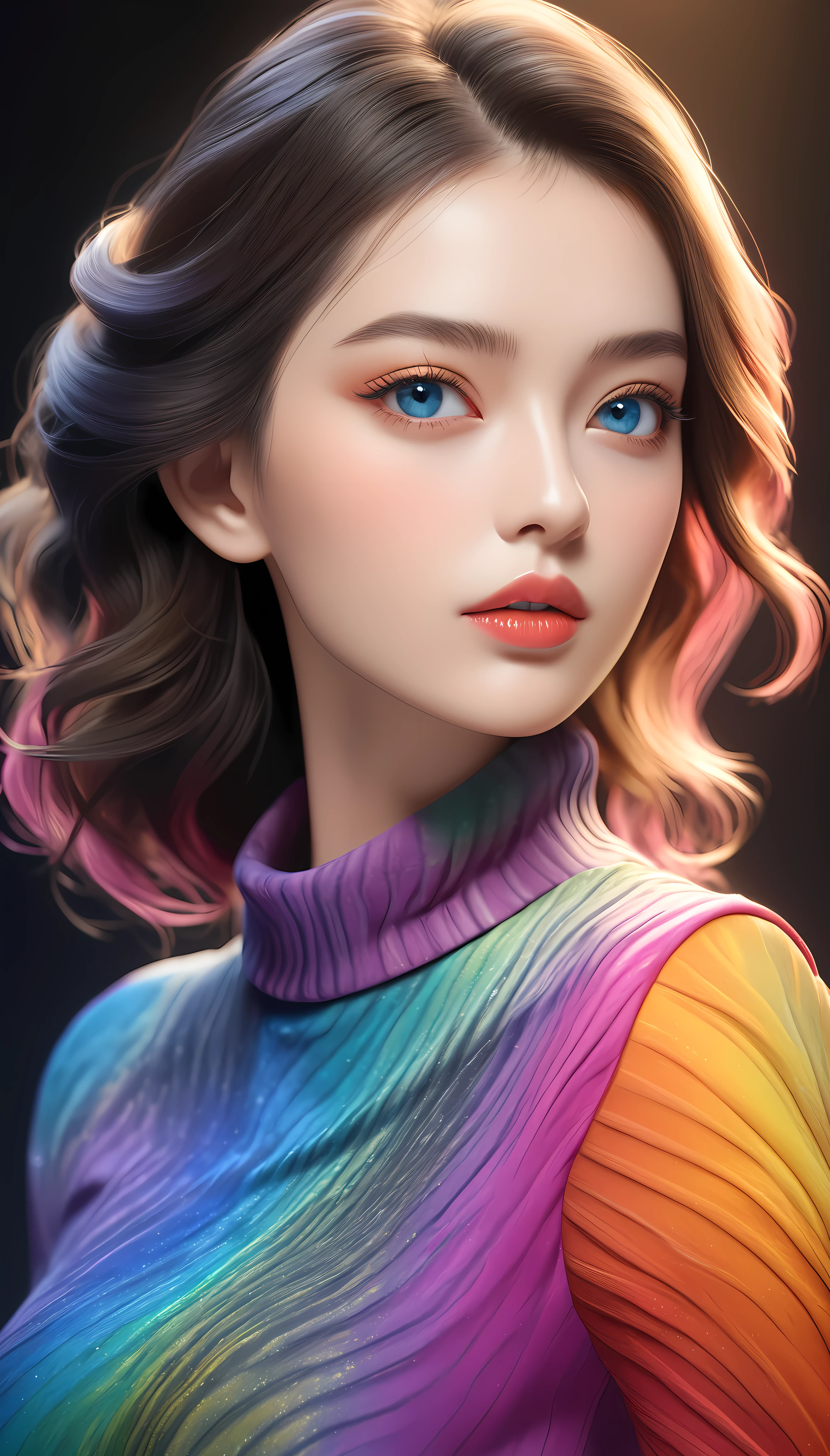 A photorealistic fashion model walking a catwalk, colorful gradient fashion, seamless blending, marbled and striped patterns, full spectrum multicolor, utilizing the full capabilities of Super Retina, dramatic 4D rendering to stimulate all the senses, beautiful detailed eyes, beautiful detailed lips, extremely detailed face and features, long eyelashes, elegant pose, studio lighting, high resolution, 8k, photorealistic, vivid colors, cinematic, concept art style