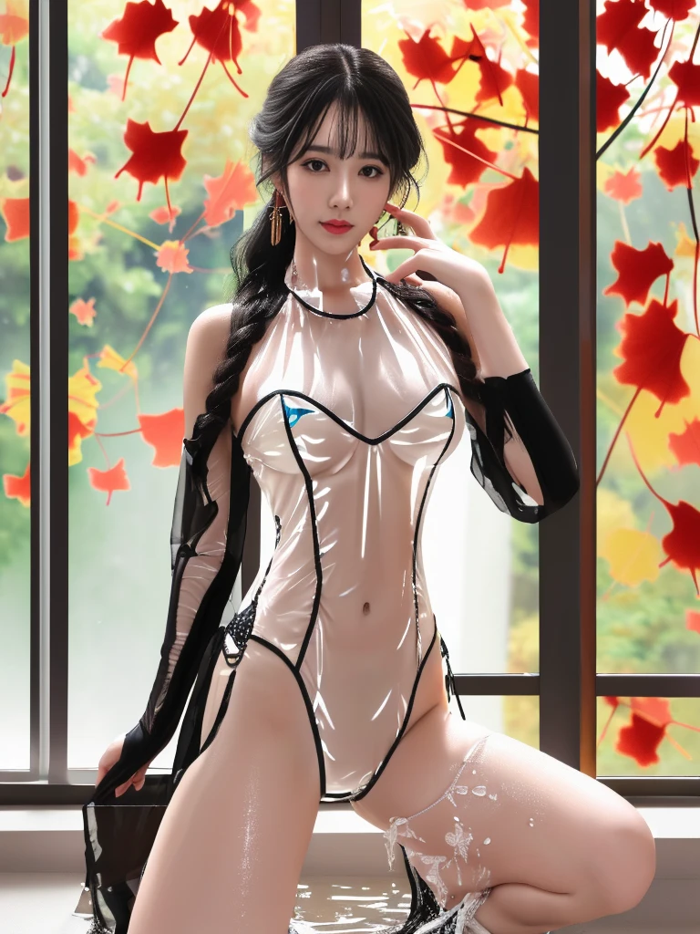 一个有着美丽脸庞的Sexy中国华裔女孩, Wear a transparent men&#39;s shirt,  Glowing blue iris,
(((night, By the living room window, Outside the window is the autumn ginkgo tree, Ginkgo leaves all over the ground))), 
((8K Ultra HD, 8K, Ultra high resolution, best quality, Super Fine, Clear focus. Masterpieces, complete pattern, Ultra HD, Detailed photos, Best image quality，Ultra-clear，Delicate facial features，Well-defined, Highly rated works, Close-up depth of field photography, Above the knee, bilateral symmetry)), 
((Creating the image of a real girl), Realistic shadows, Soft lighting, Dynamic Angle, Dynamic poses, Elegant Posture, Cowboy lens, Full body front view, Be confident, Facing the camera, Eyes looking towards camera lens, Standing posture, Open your legs slightly, Golden Ratio Graphics, Minimalism, Center the character), 
( Smile, Sexy的, Balanced Eyes, Realistic eyes, eyes in beautiful detail,Pretty Face, (Realistic face), Normal facial features, Realistic skin, Attention to skin details, Skin is clean and radiant, Whitening, Anatomically correct body, Golden ratio figure, Sexy的身材), 
(Perfect makeup, Gloves, earrings, bracelet, necklace, Jewelry, Hair accessories, shawl, sock, Knee socks, 吊garter, Leg ring, garter, 腿部garter), 
((beautiful hair), Deep black hair, Wavy curly hairstyle, Waist-length hair, Messy Hairstyle, Gradient hairstyles, Cyberpunk hairstyle, Double high ponytail hairstyle), 
((Transparent clothes: 1.5), (Revealing clothes: 1.5),  (Wet clothes:1.5), (Color of clothes: Dreamy pink), Wear transparent clothing), 
(Sexy的, Perfect breast shape, Teardrop chest shape, Snow-white breasts, very detailed breasts, 36B cups), 
(Super high waist, Deep V, Low-cut, Sexy, Flattering, Open crotch, (Camel toe, High fork strangulation))