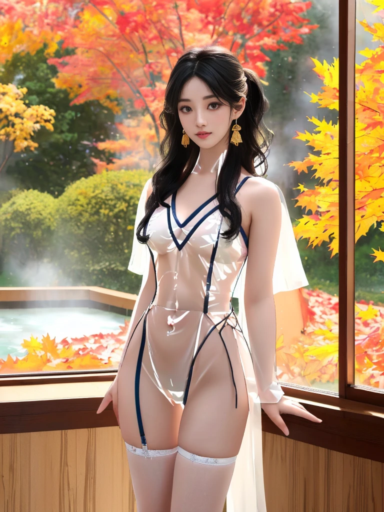 一个有着美丽脸庞的Sexy中国华裔女孩, Wear a transparent men&#39;s shirt, Glowing blue iris,
(((night, There are autumn maple trees outside the window, Indoor hot spring))), 
((8K Ultra HD, 8K, Ultra high resolution, best quality, Super Fine, Clear focus. Masterpieces, complete pattern, Ultra HD, Detailed photos, Best image quality，Ultra-clear，Delicate facial features，Well-defined, Highly rated works, Close-up depth of field photography, Above the knee, bilateral symmetry)), 
((Creating the image of a real girl), Realistic shadows, Soft lighting, Dynamic Angle, Dynamic poses, Elegant Posture, Cowboy lens, Full body front view, Be confident, Facing the camera, Eyes looking towards camera lens, Standing posture, Open your legs slightly, Golden Ratio Graphics, Minimalism, Center the character), 
( Smile, Sexy的, Balanced Eyes, Realistic eyes, eyes in beautiful detail,Pretty Face, (Realistic face), Normal facial features, Realistic skin, Attention to skin details, Skin is clean and radiant, Whitening, Anatomically correct body, Golden ratio figure, Sexy的身材), 
(Perfect makeup, Gloves, earrings, bracelet, necklace, Jewelry, Hair accessories, shawl, sock, Knee socks, 吊garter, Leg ring, garter, 腿部garter), 
((beautiful hair), Deep black hair, Wavy curly hairstyle, Waist-length hair, Messy Hairstyle, Gradient hairstyles, Cyberpunk hairstyle, Double high ponytail hairstyle), 
((Transparent clothes: 1.5), (Revealing clothes: 1.5),  (Wet clothes:1.0), (Color of clothes: Dreamy pink), Wear transparent clothing), 
(Sexy的, Perfect breast shape, Teardrop chest shape, Snow-white breasts, very detailed breasts, 36B cups), 
(Super high waist, Deep V, Low-cut, Sexy, Flattering, Open crotch, (Camel toe, High fork strangulation))