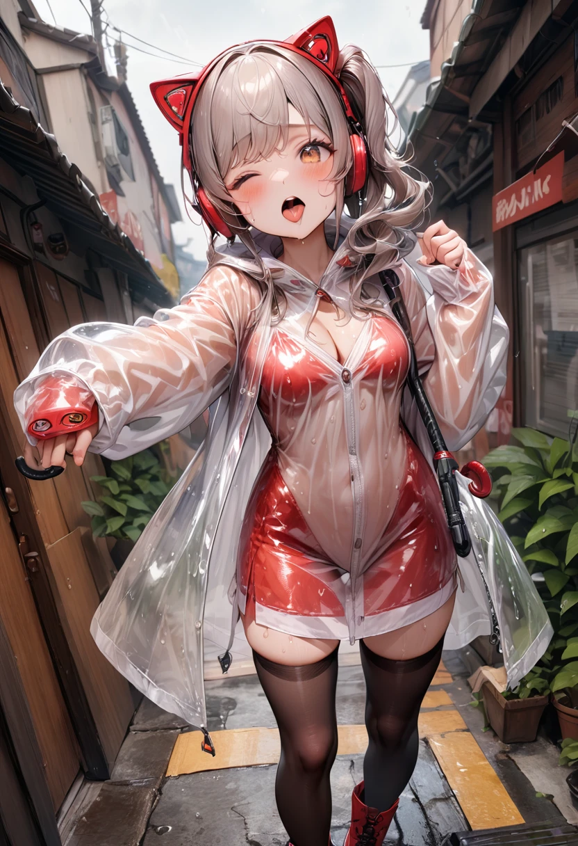 (best quality, masterpiece:1.2), 8k, very aesthetic, absurdres, high resolution, detailed face, official art, beautiful eyes, realistic, brown eyes, tareme, (side ponytail), long hair, silver hair, swept bangs, Mecha cat ears, headphone, food, (put on oversized Transparent raincoat), Sleeves that cover the wrists, (red pencil dress, silk dress), medium breasts, (cleavage:0.9), black thigh-highs, boots, (white panties, cameltoe:0.8), textured skin, BREAK zettai ryouiki, (hand holding umbrella), head tilt, one eye closed, open mouth, tongue out, sigh, blush, sweaty, rain, full body, (dutch angle:0.8), 