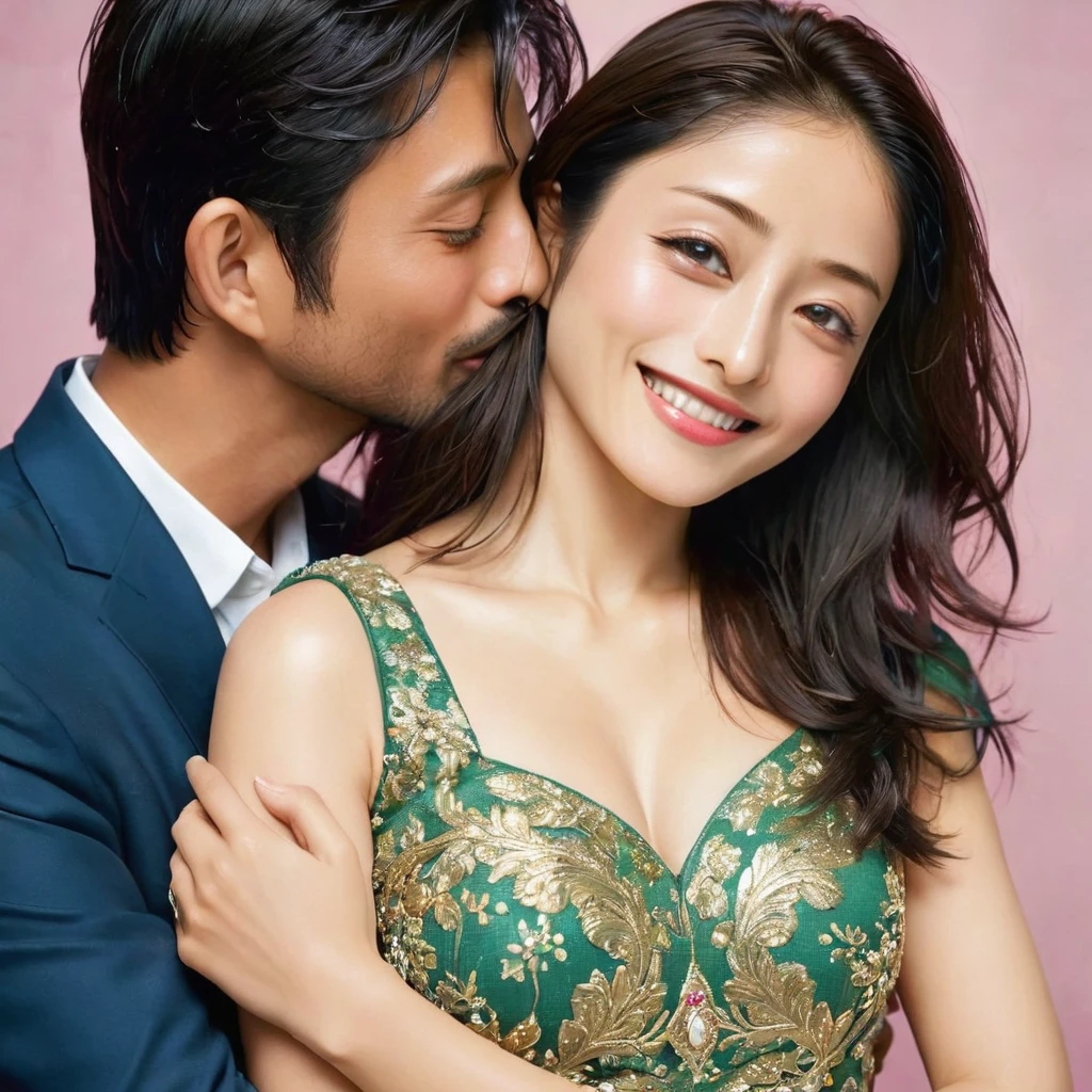 ((Highest quality)), ((masterpiece)), (detailed), （Perfect Face）、The woman is Satomi Ishihara, a beautiful Japanese woman with black hair, large breasts, beautiful proportions, and an engagement ring.、The woman is smiling and dressed in a gorgeous and glittering Indian national dress and luxurious accessories.、A woman is embracing, kissing and making love to a middle-aged Indian man with a beard in India