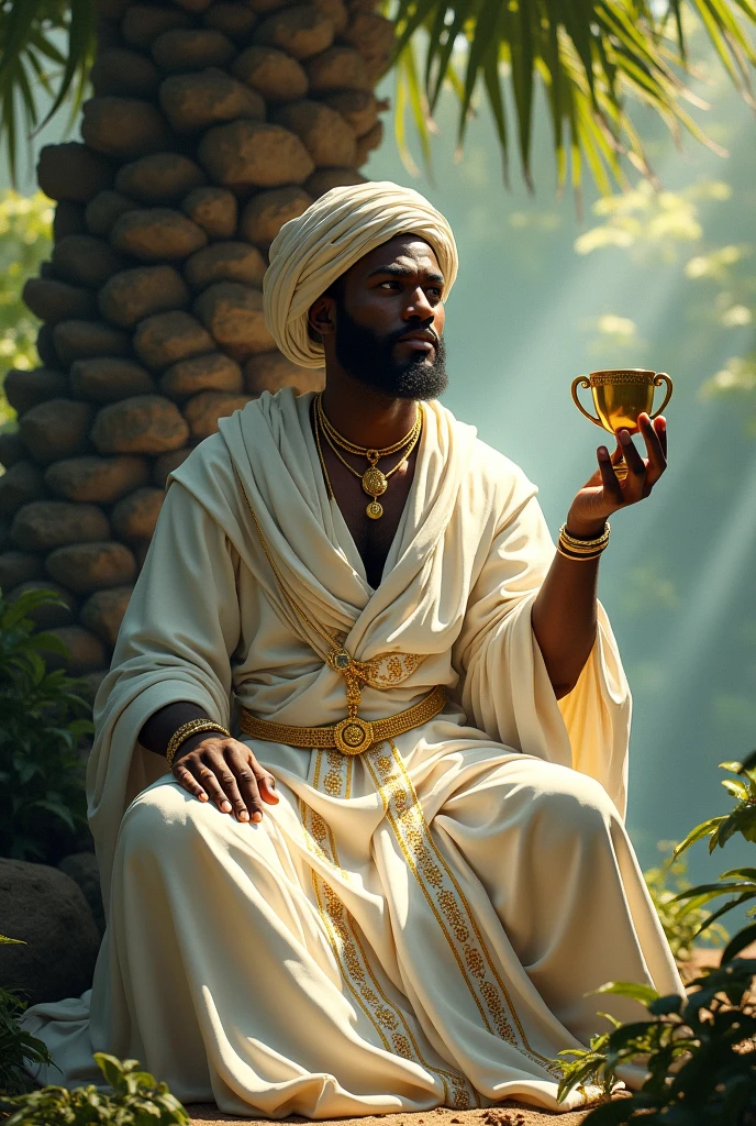 I hope, black male, white robes and cap, an african deity, sitting under a palm tree, with a chalice of the gods in his hand 