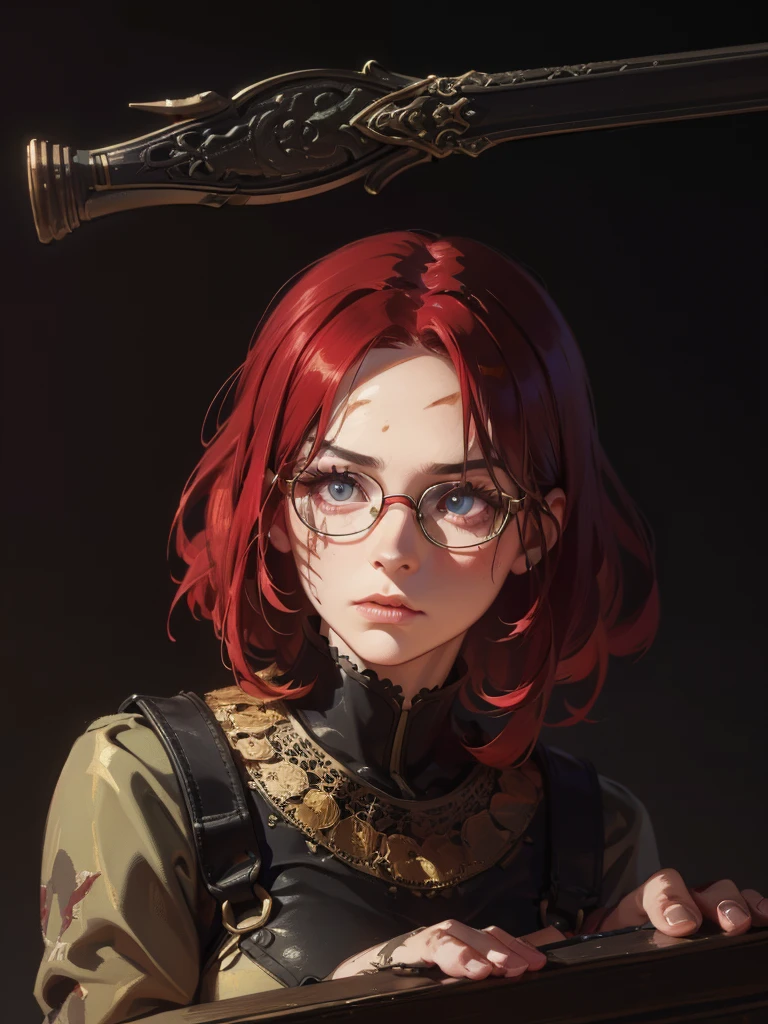 A fierce woman with long red hair, glasses with scars on her cheeks, wearing wild clothing, holding a large sword, intense gaze, fantasy scene, (best quality,8k,highres,masterpiece:1.2),ultra-detailed,(realistic,photorealistic,photo-realistic:1.37),digital painting,dark fantasy,intricate details,dramatic lighting,vibrant colors,cinematic composition